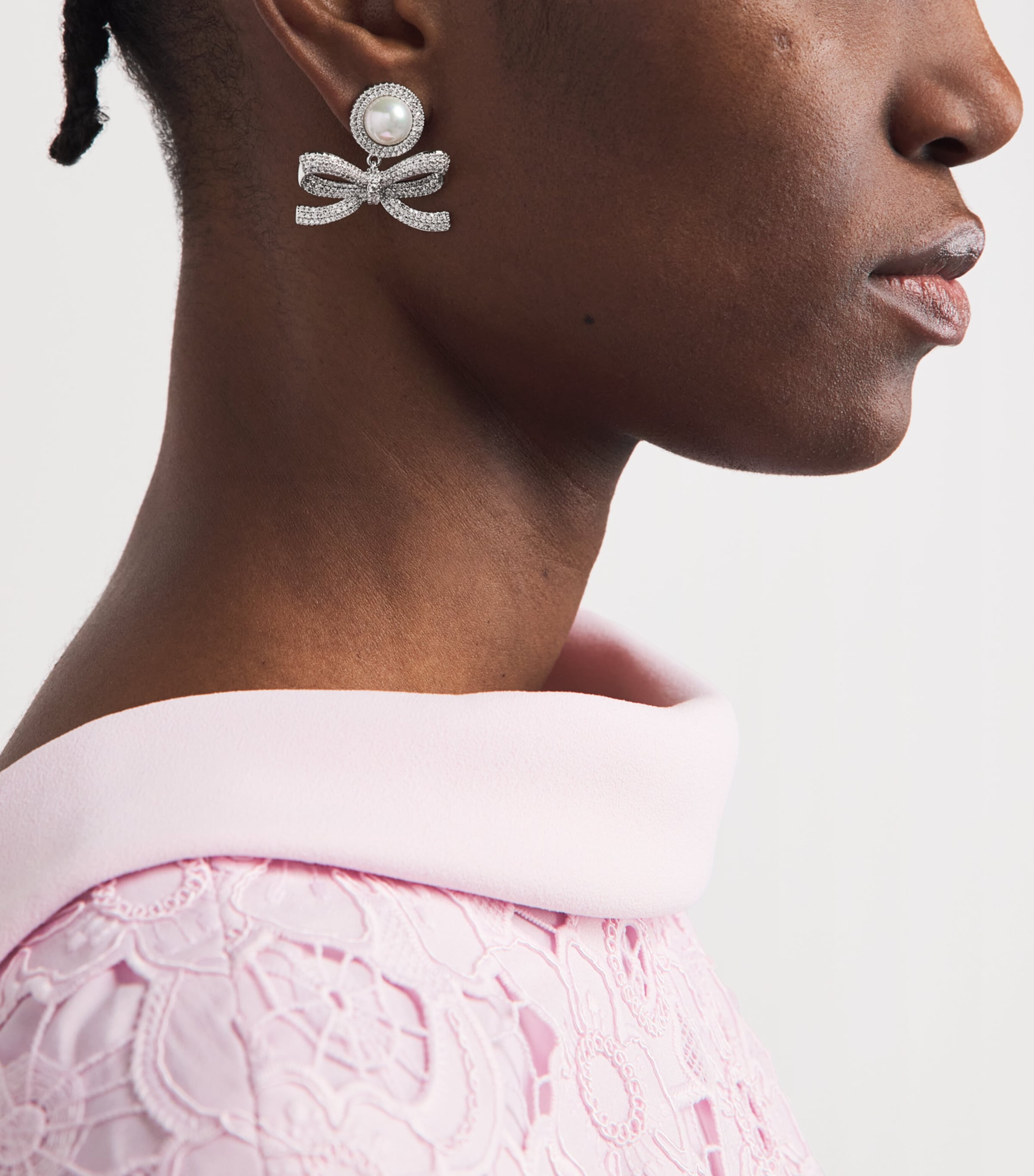 Self-Portrait Crystal-Faux Pearl Bow Drop Earrings Silver Image 4
