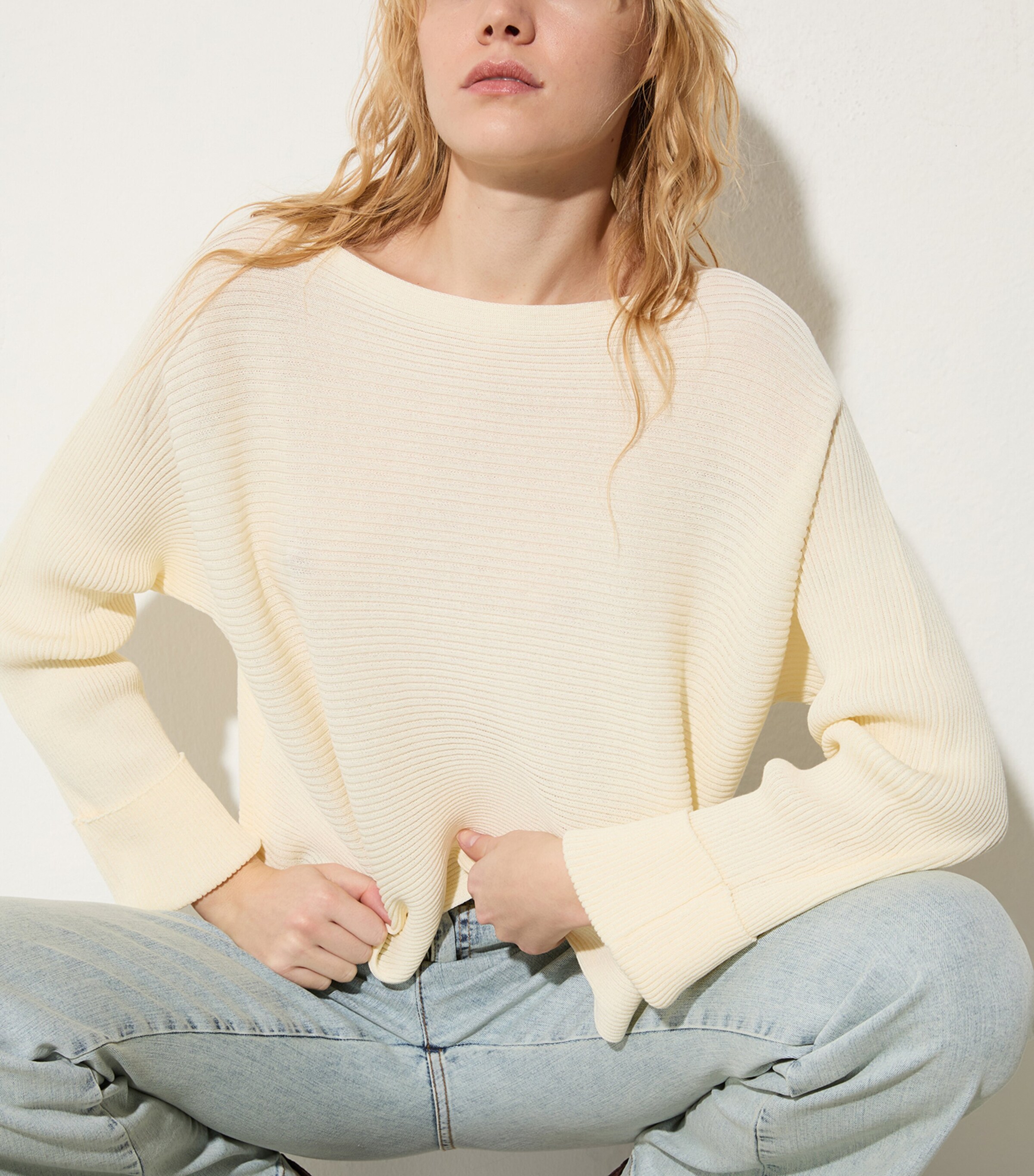 MAX&Co. Womens Cotton-Blend Boat-Neck Sweater Wool White Image 2