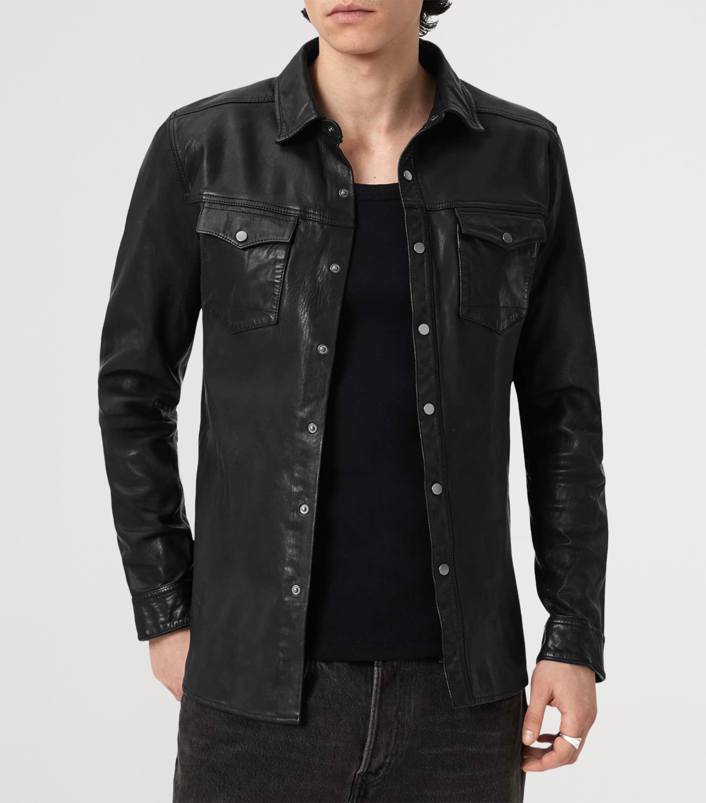 AllSaints Mens Leather Irwin Shirt Black Image 3