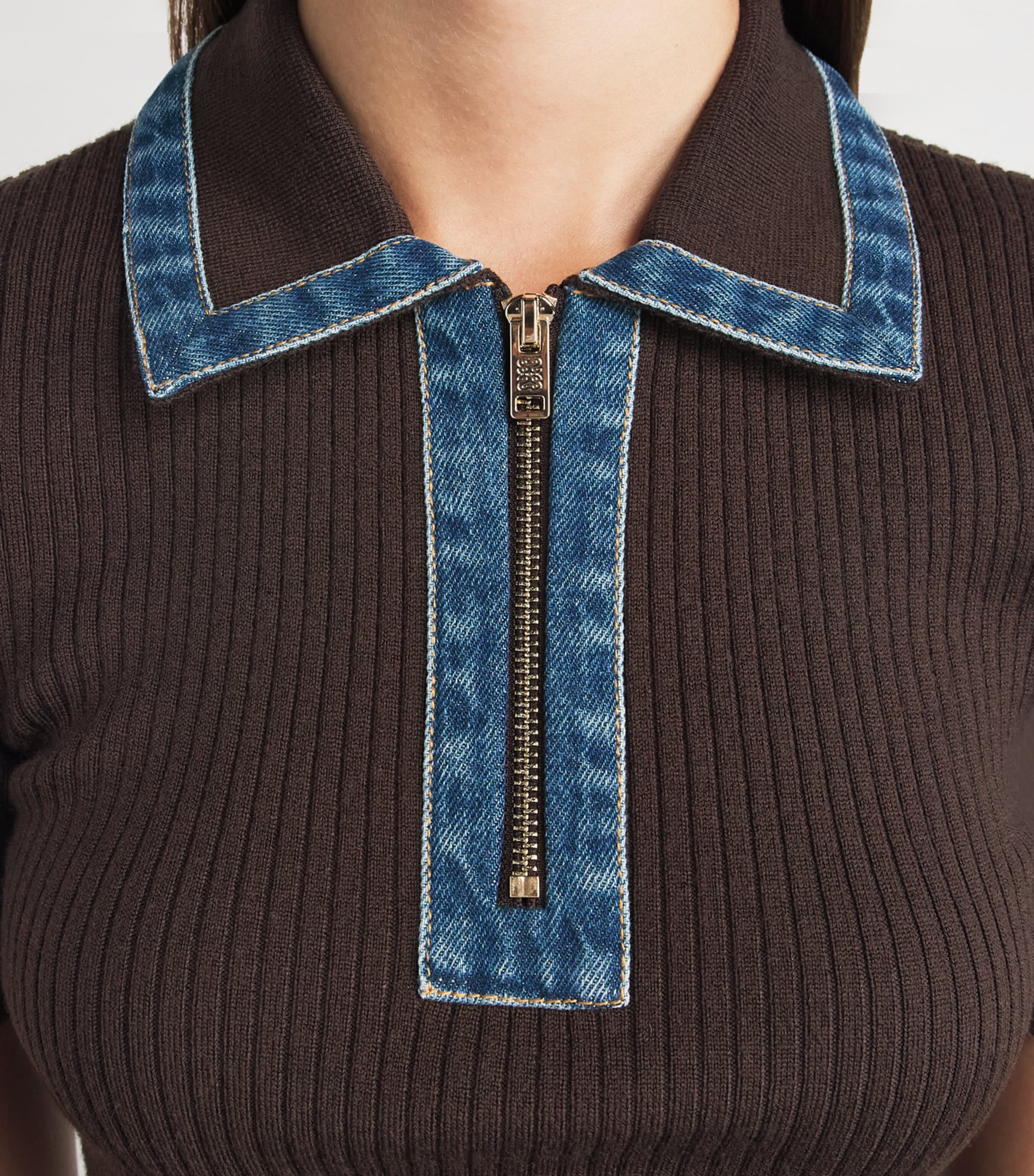 Sandro Paris Womens Knitted Denim-Collar Polo Shirt Brown Image 3