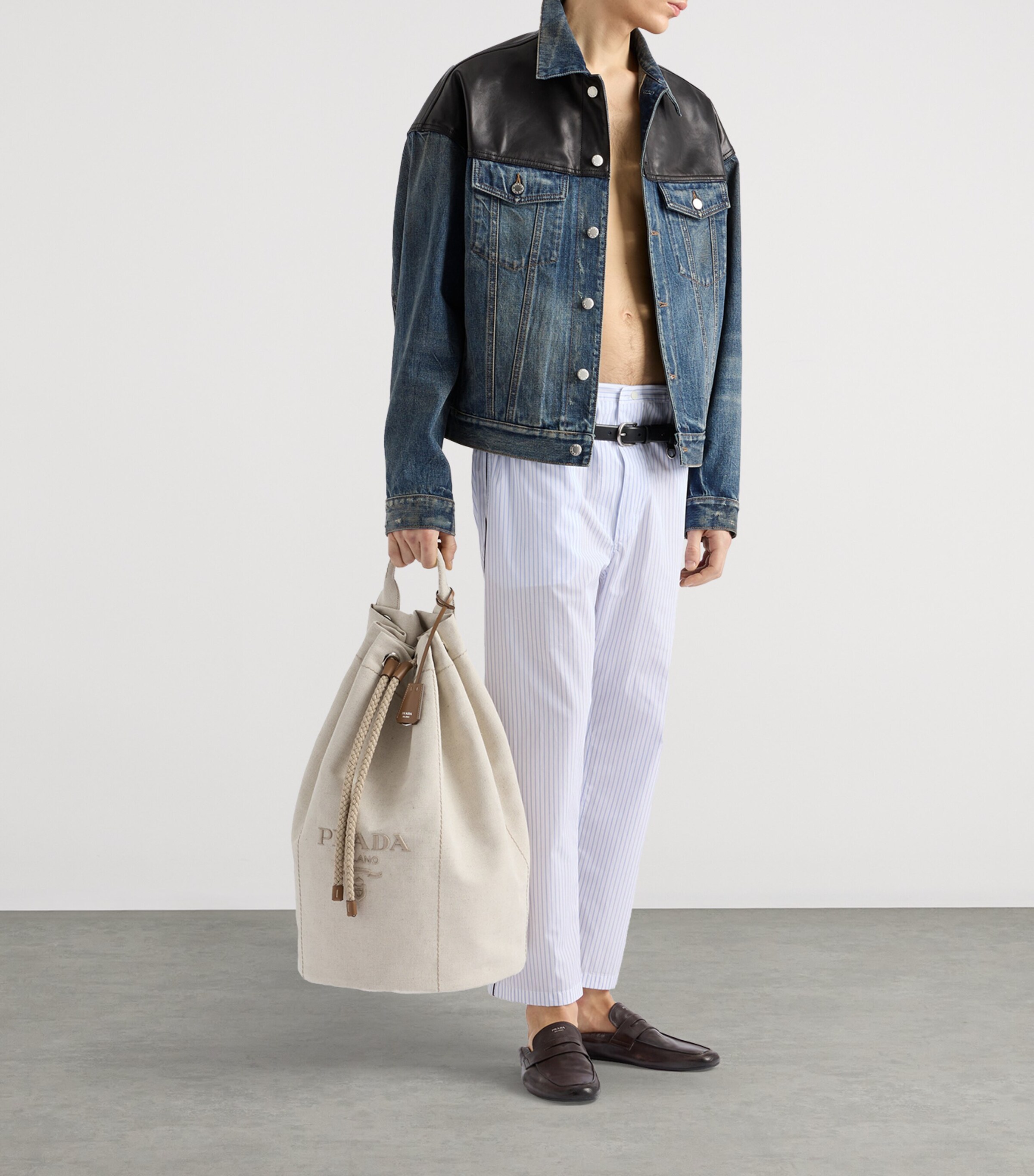 Prada Mens Leather-Detail Denim Jacket Image 2