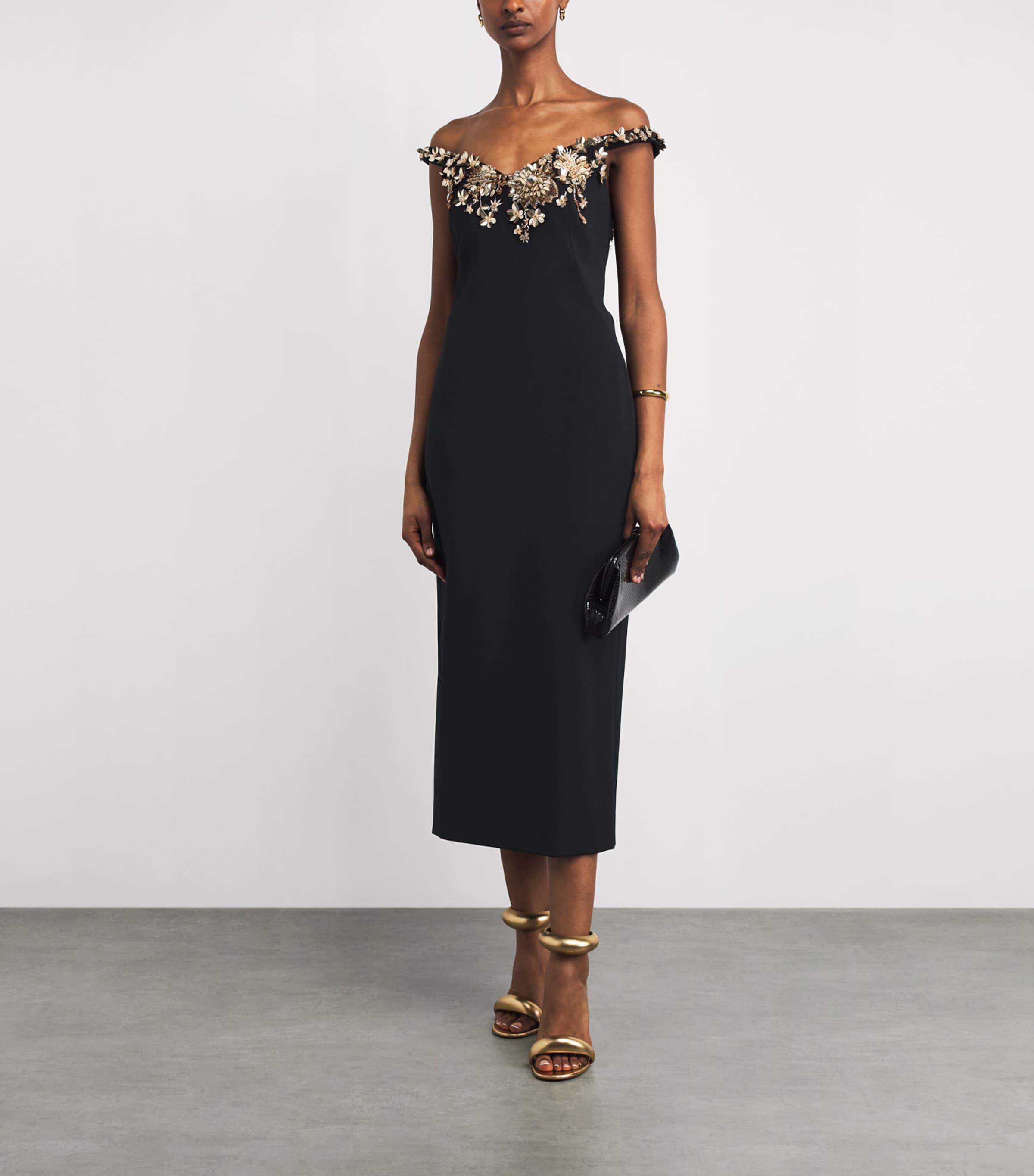 Pamella Roland Floral Embroidered Crepe Off-The-Shoulder Midi Dress