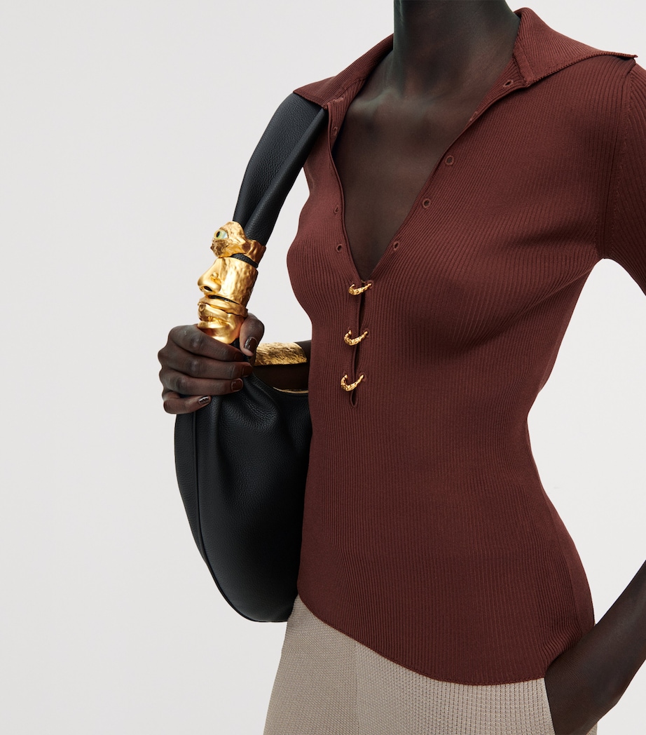 Schiaparelli Womens Silk Pierced Polo Shirt Brown Image 3