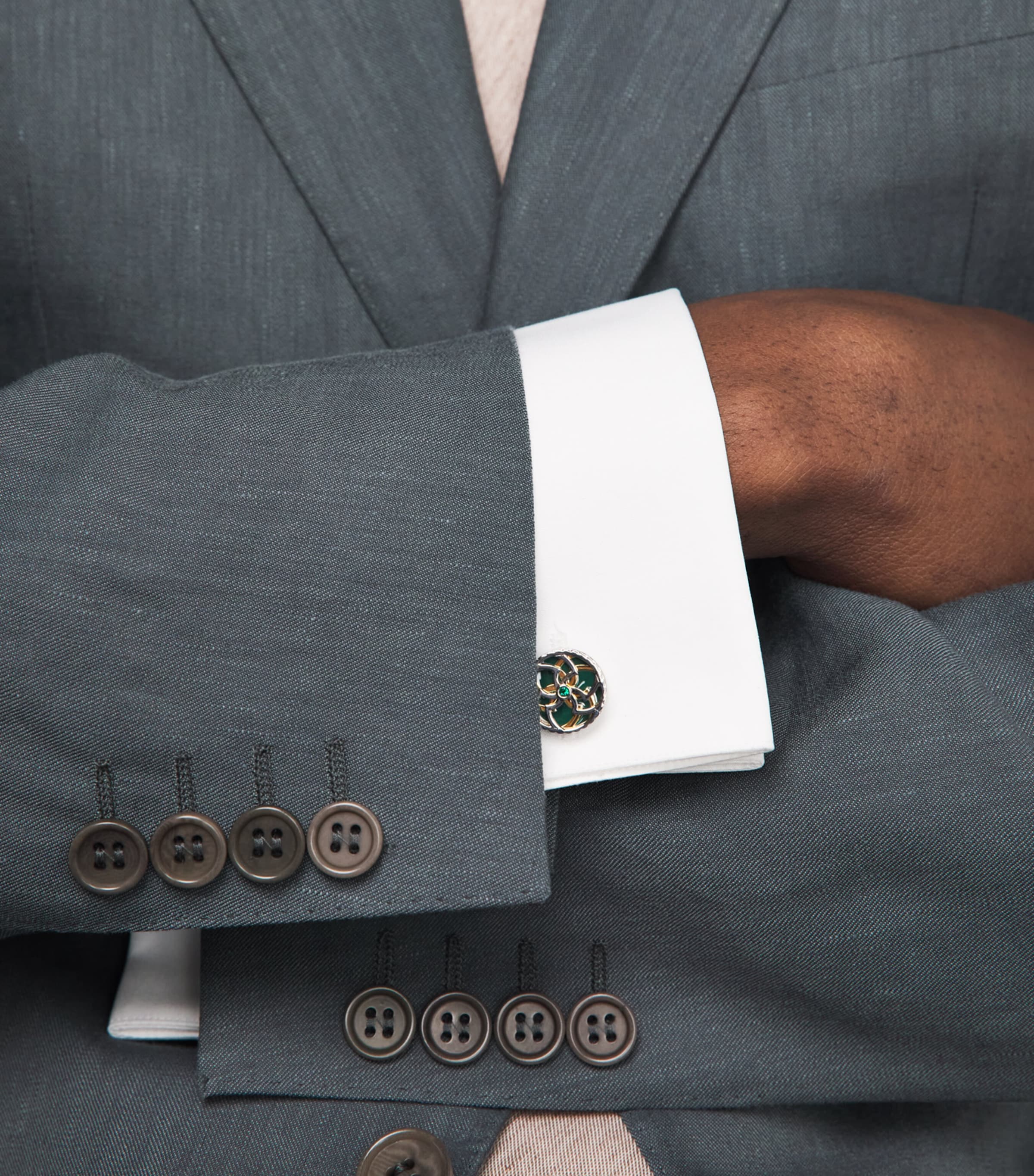 Tateossian Mens Palladium-Plated Trinity Cufflinks Green Image 2
