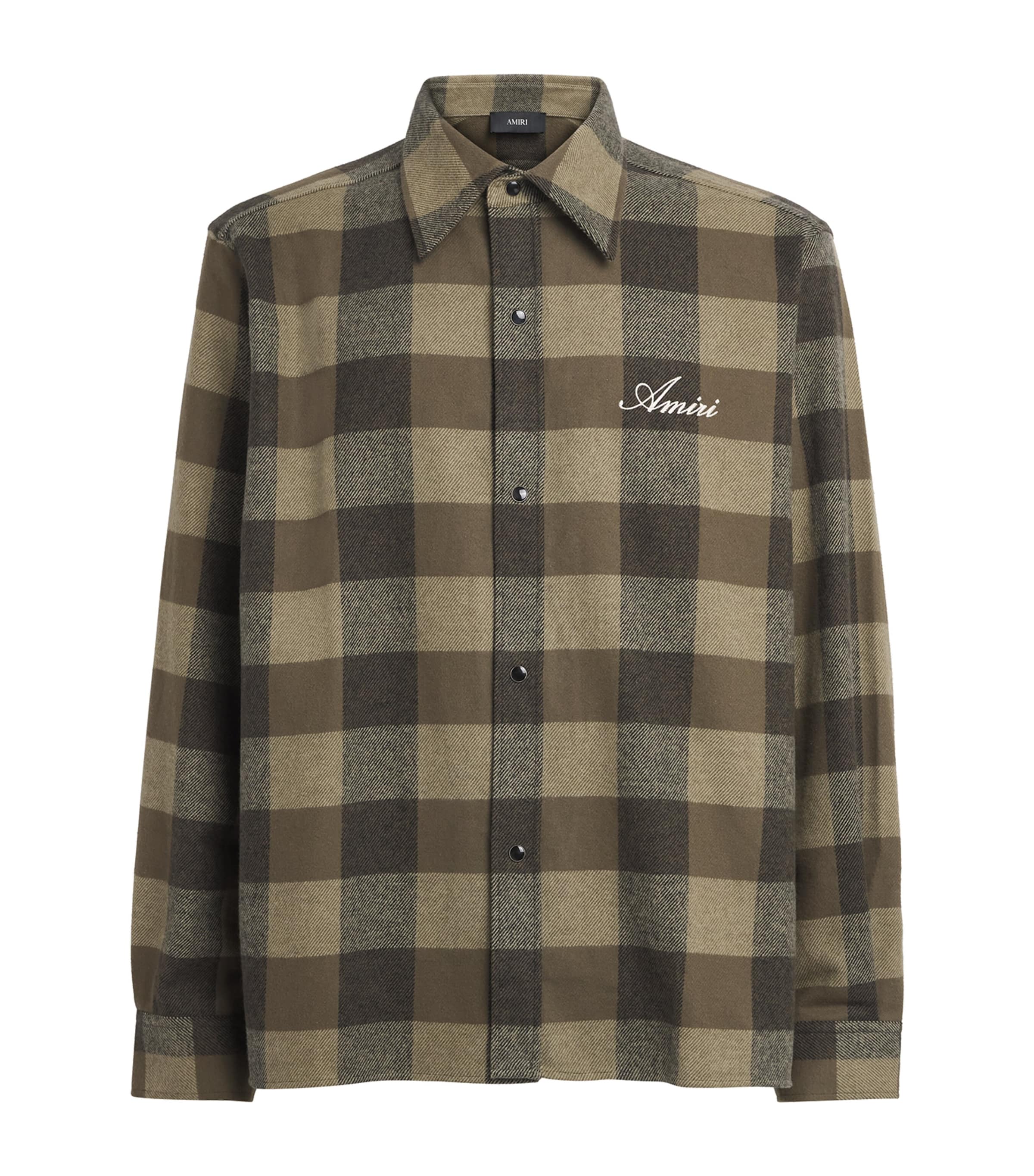 AMIRI Mens Cotton Flannel Check Shirt Deep Olive Image 1
