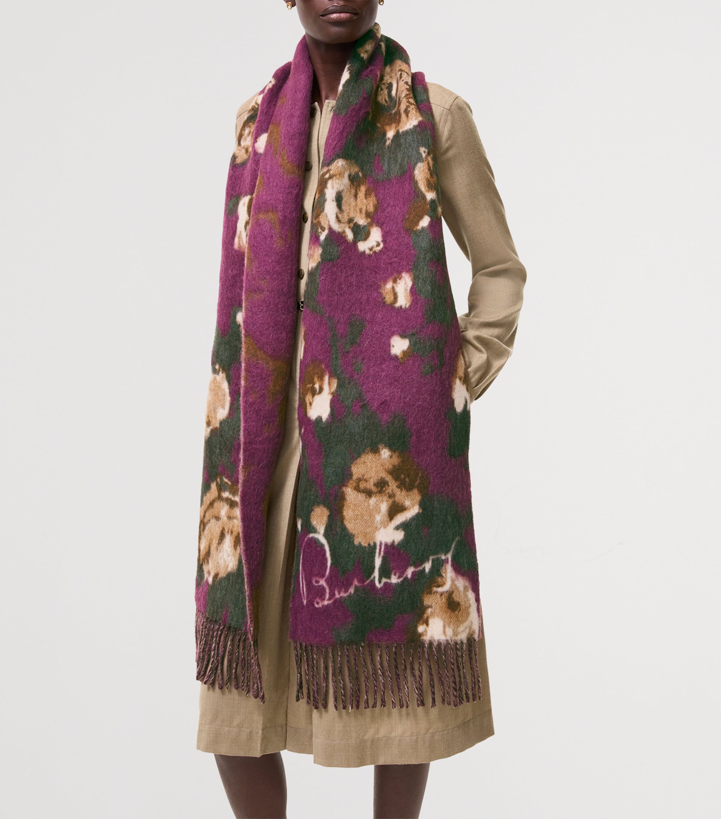 Burberry Wool-Alpaca-Blend Rose Scarf Plum Purple Image 3
