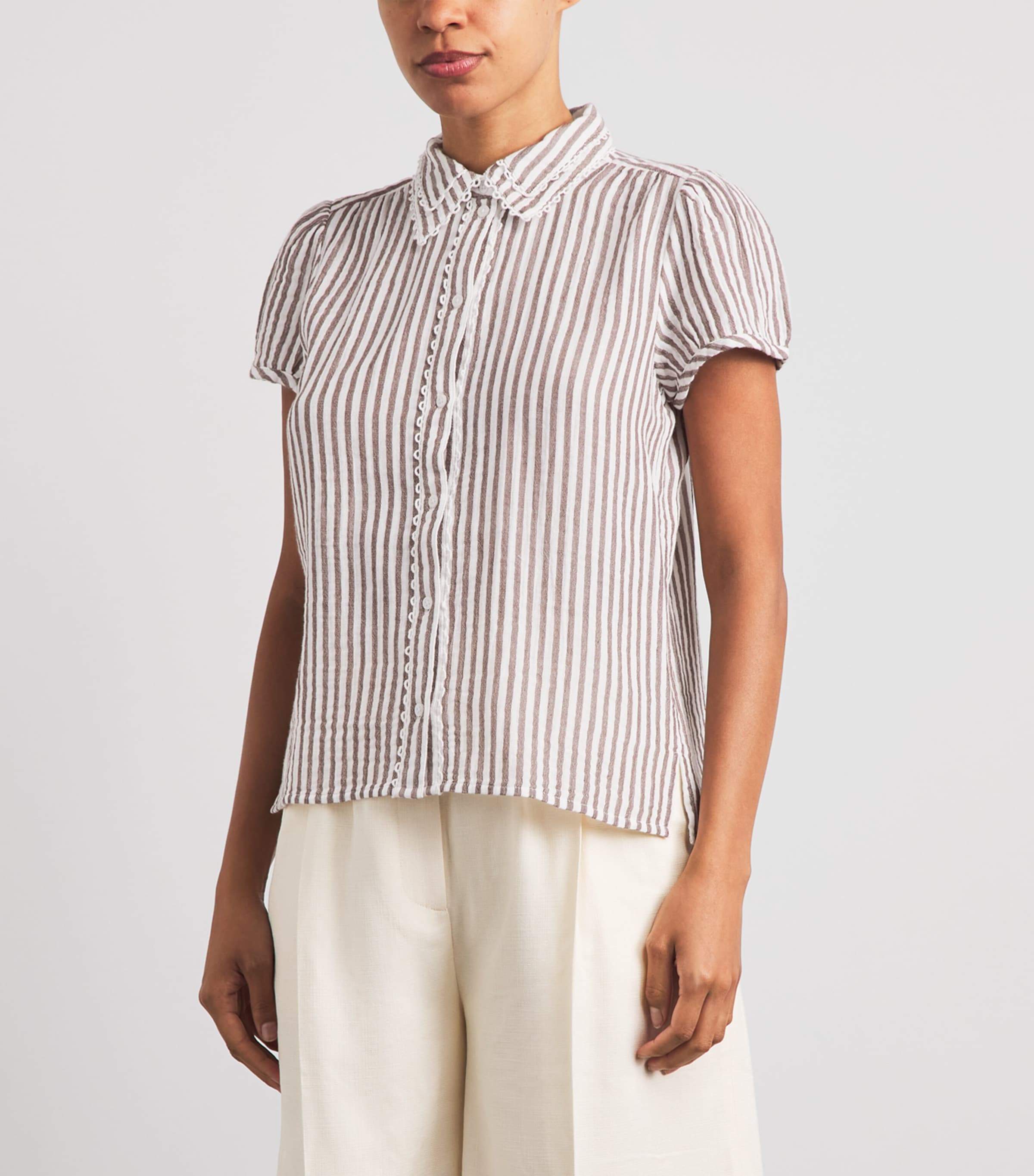 ME+EM Womens Embroidered Stripe Shirt Soft White/pecan Image 4
