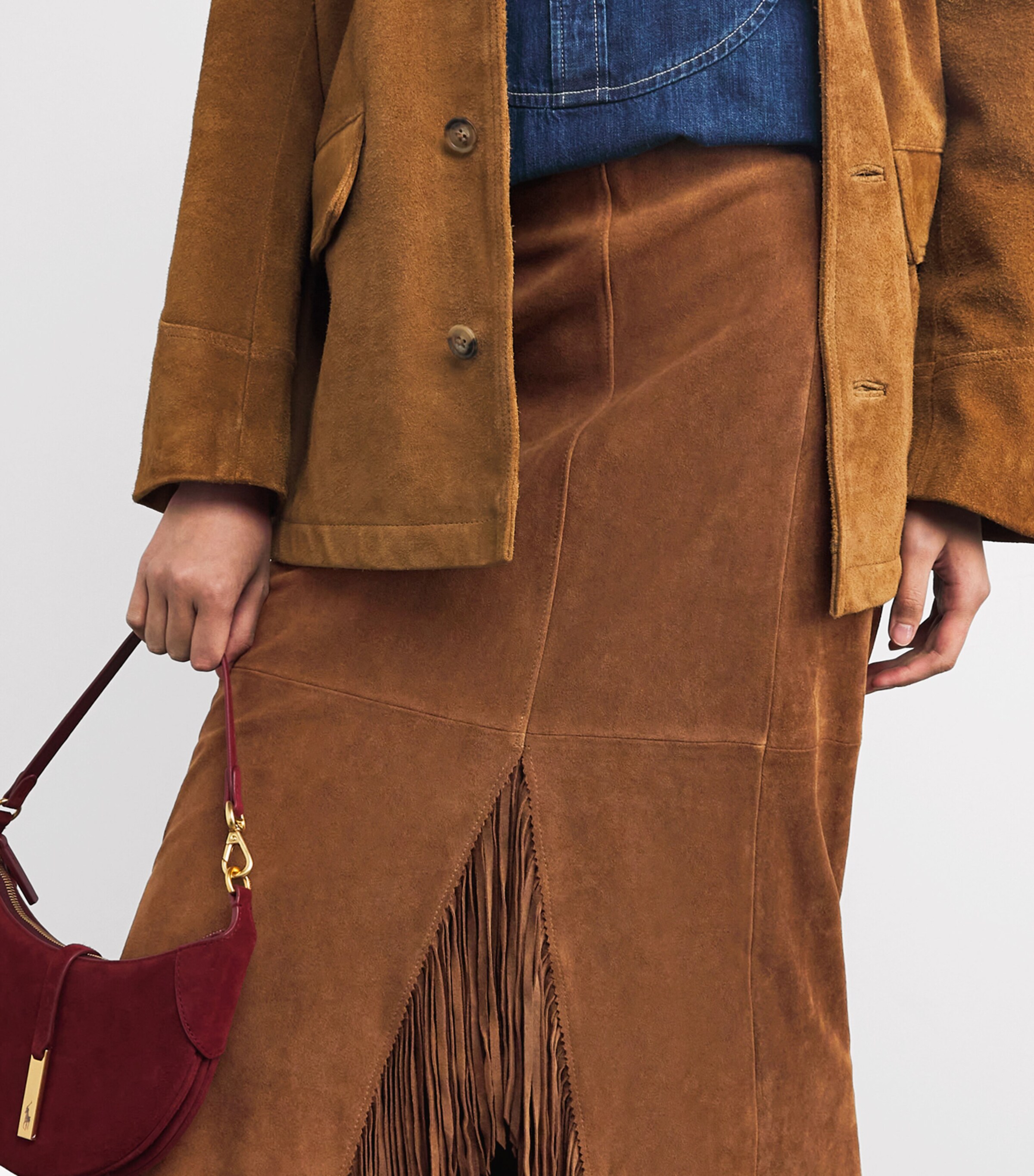 Polo Ralph Lauren Womens Suede Fringed Midi Skirt Clove Image 6