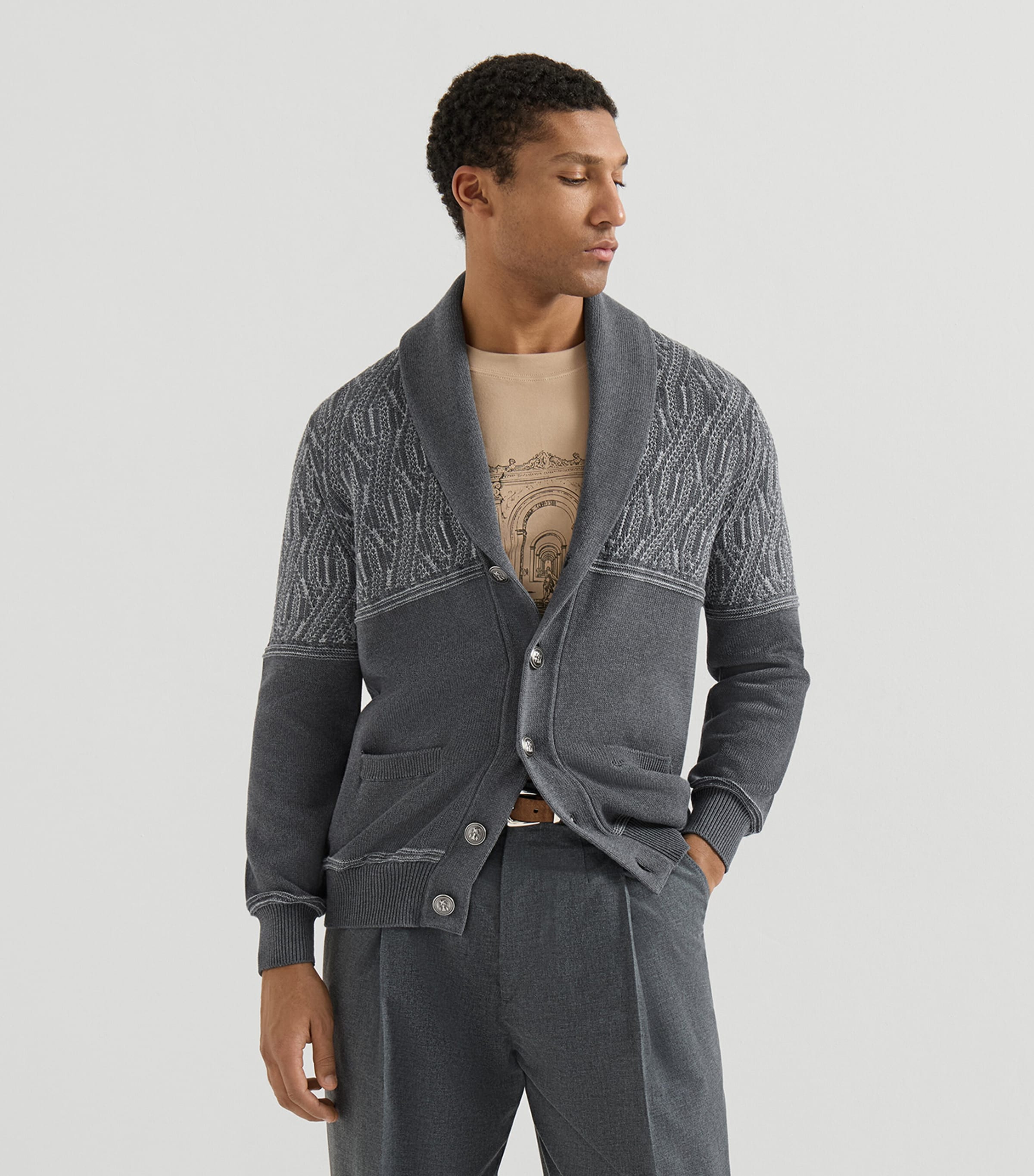 Brunello Cucinelli Mens Cotton Jacquard Shawl Cardigan Image 2