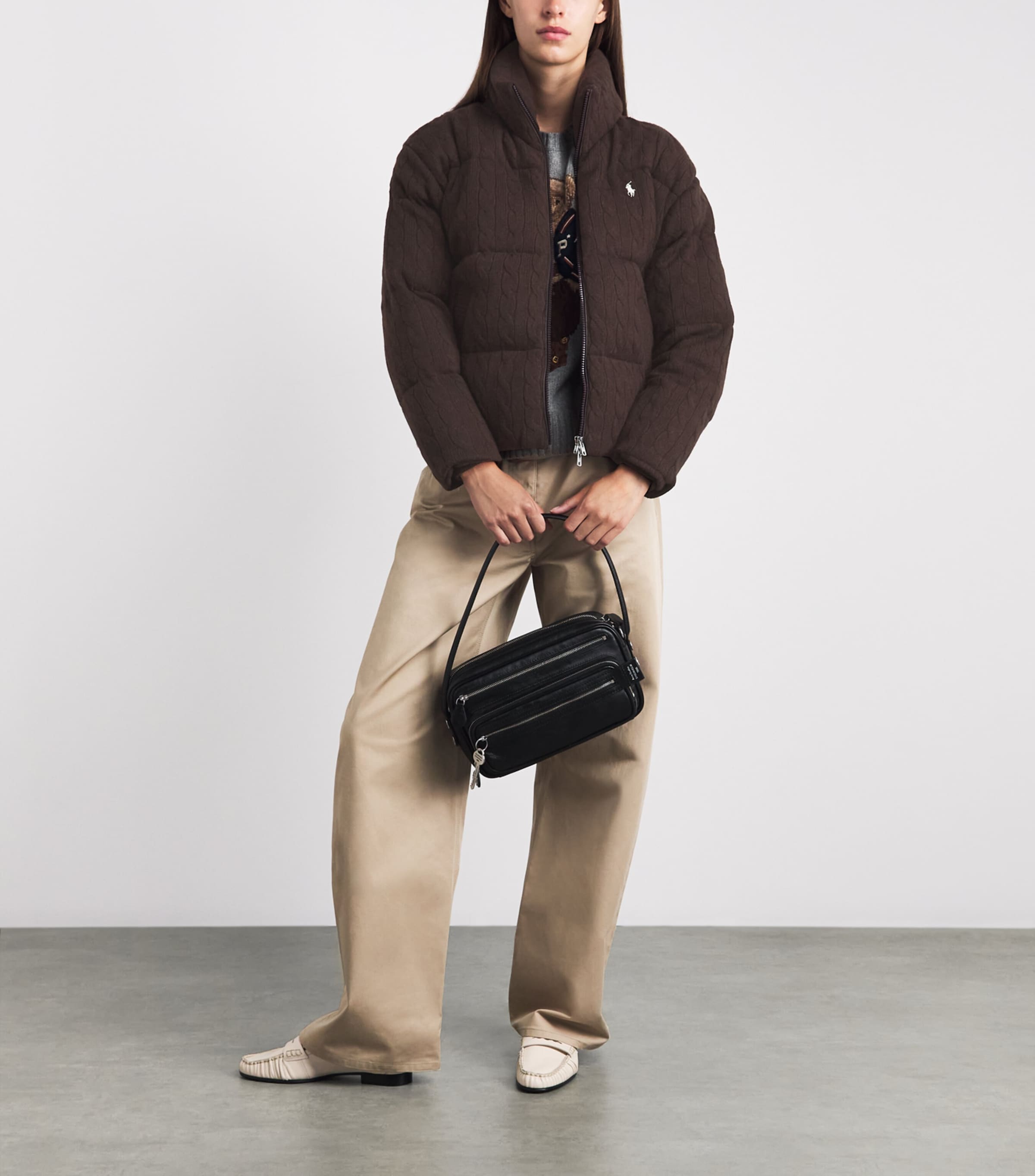 Polo Ralph Lauren Womens Wool-Cashmere Cable-Knit Puffer Jacket Walnut Brown Melange Image 2
