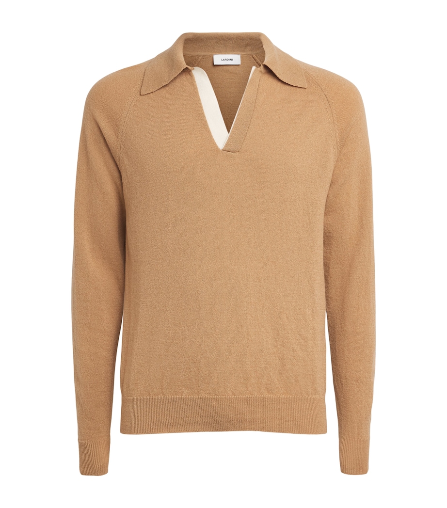 Lardini Mens Virgin Wool-Cashmere Open-Collar Polo Shirt Beige Image 1