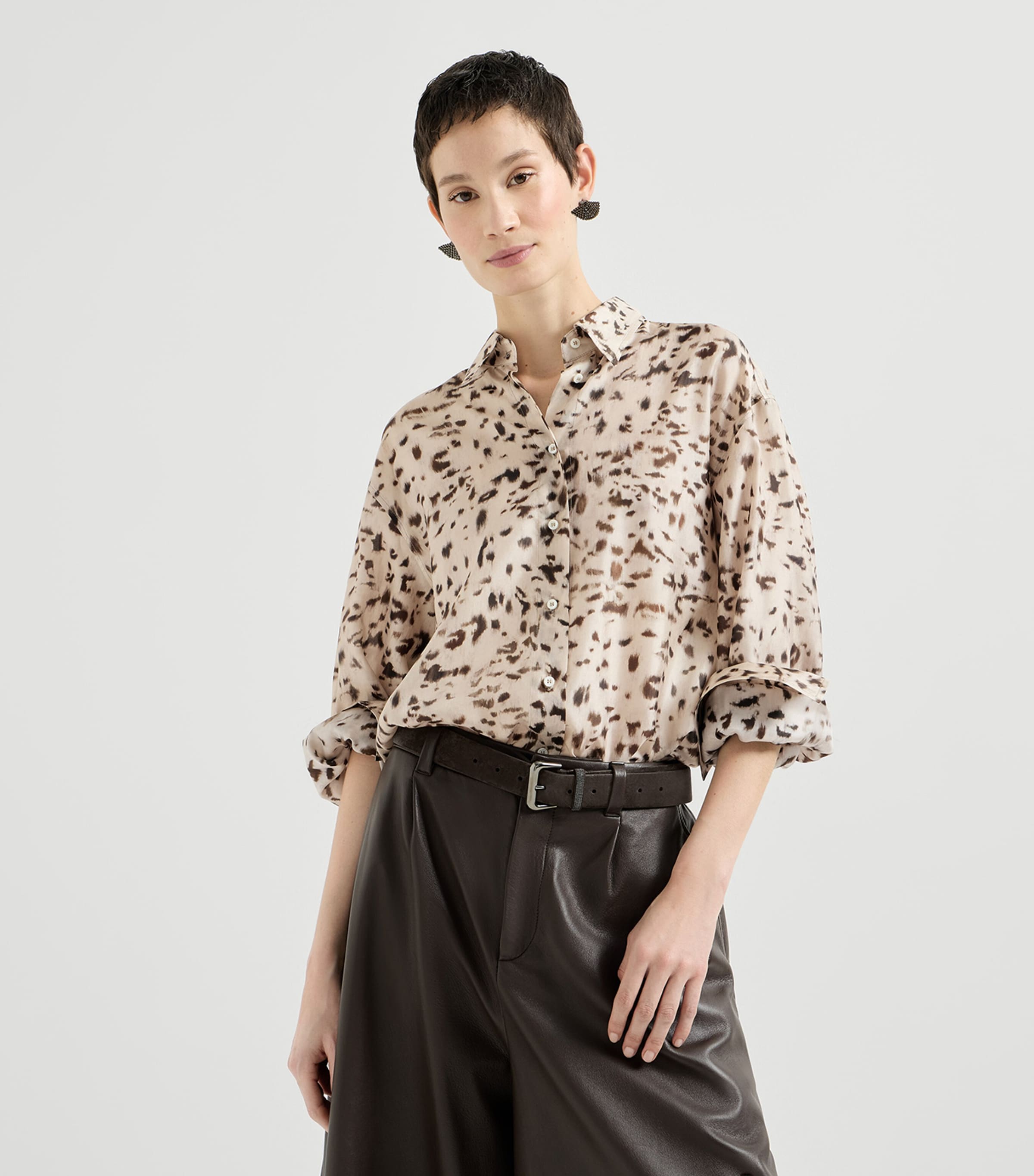Brunello Cucinelli Womens Silk Lynx Print Pongee Shirt Image 3