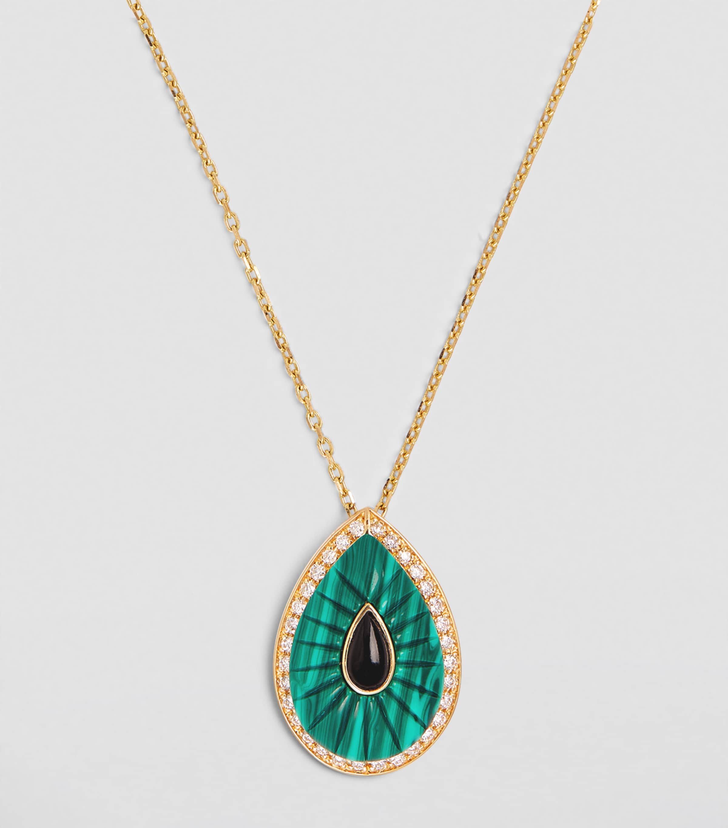 Yellow Gold, Diamond and Malachite Bond Street Pendant Necklace GREEN Image 2