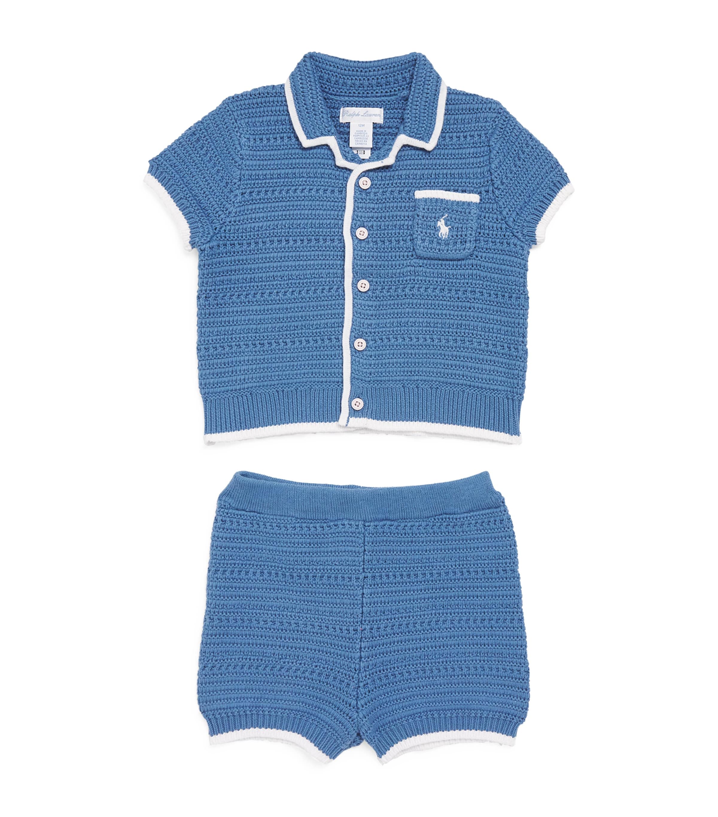 Ralph Lauren Kids Organic Cotton Knit Shirt and Shorts Set (3-24 Months) Delta Blue Image 1