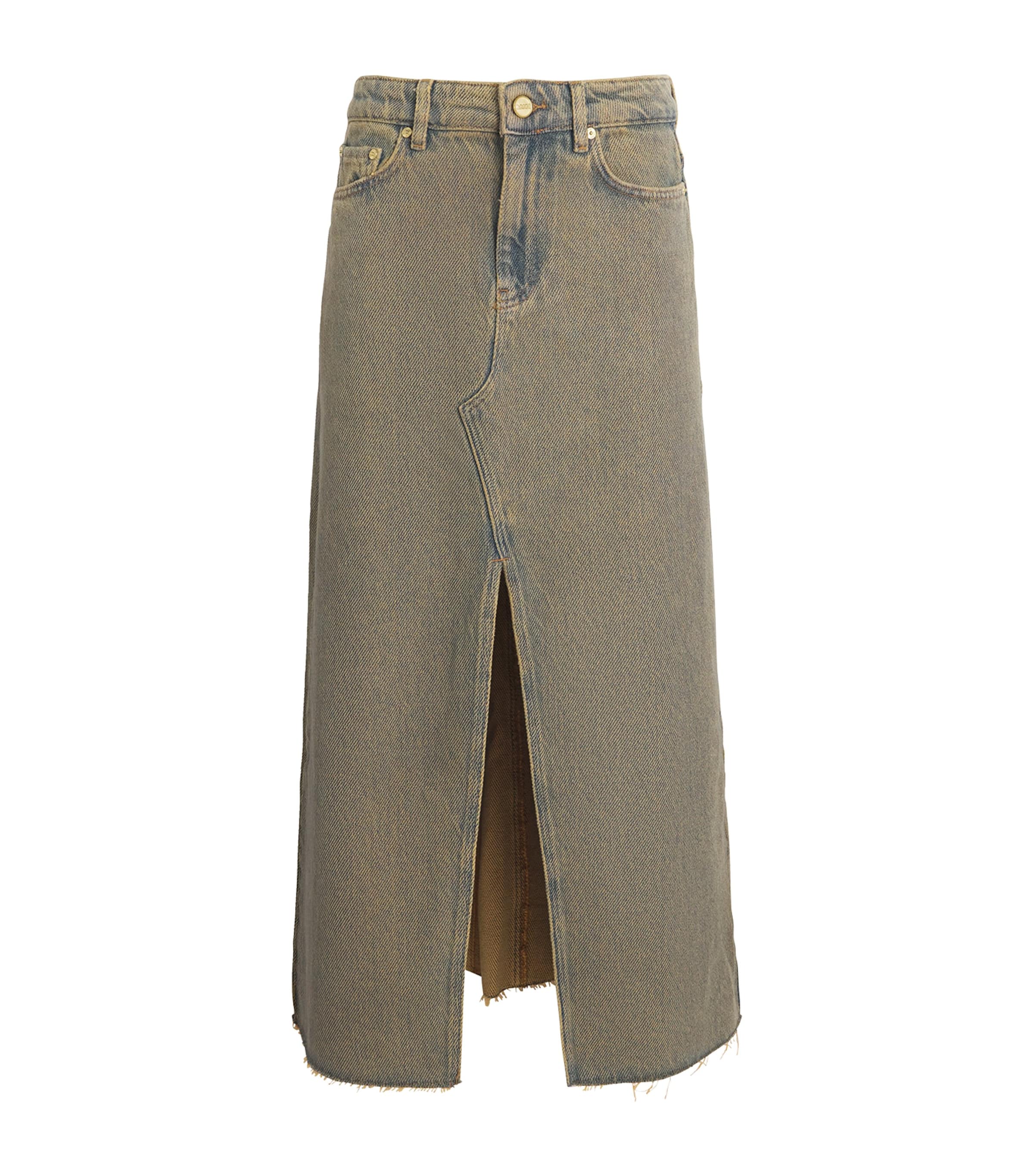 Ganni Maxi Grey Skirts With Slit At The Front In Denim Woman In Green