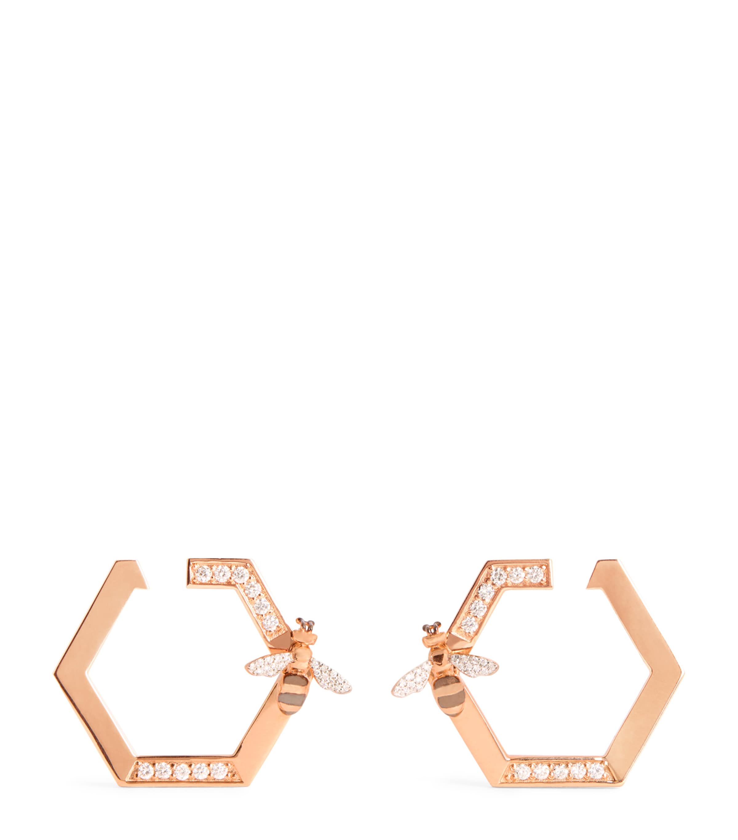 Bee Goddess Rose Gold And Diamond Honeycomb Bee Earrings In Rose Gold