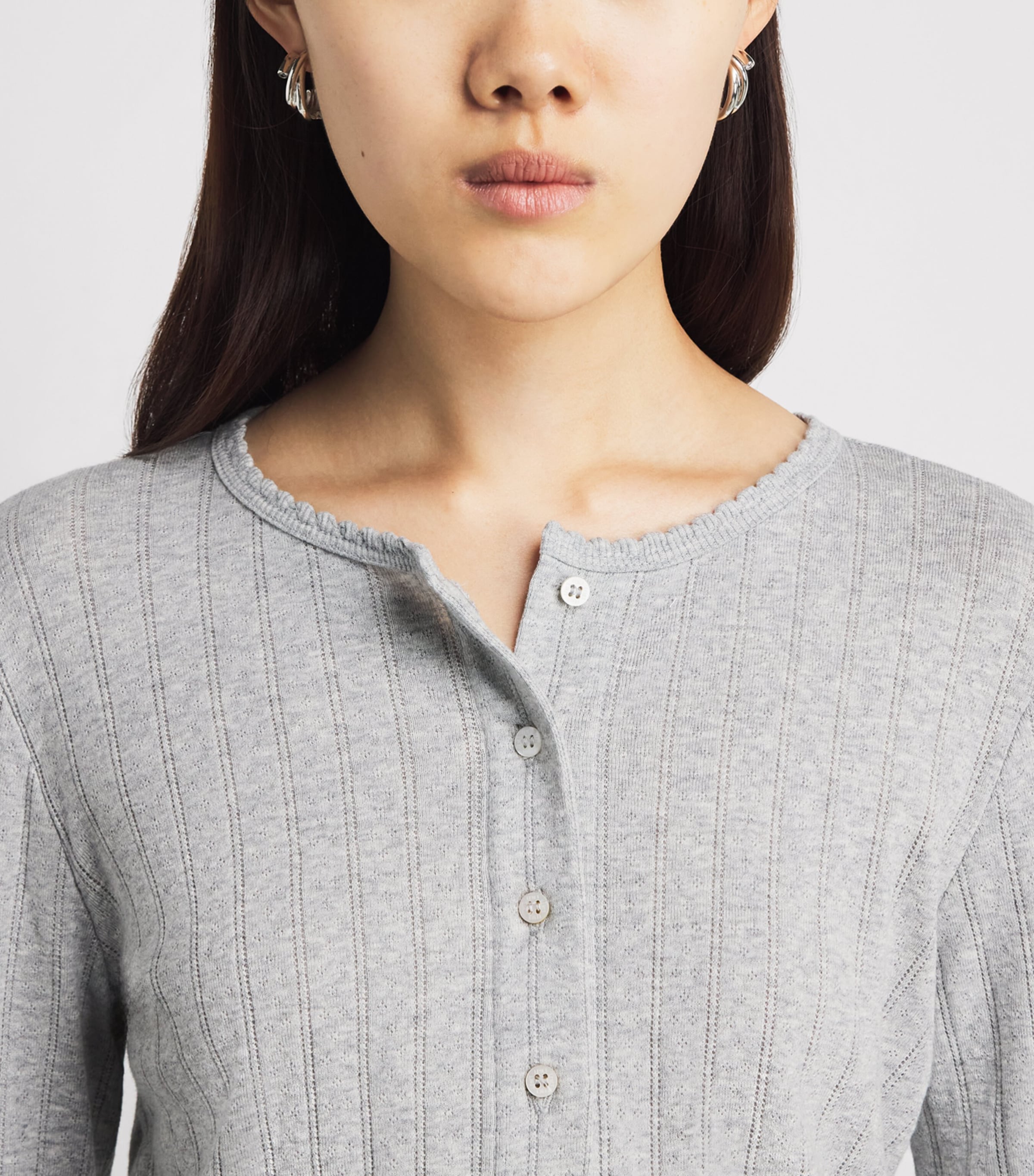 LESET Womens Cotton Pointelle Cardigan Light Grey Melange Image 3