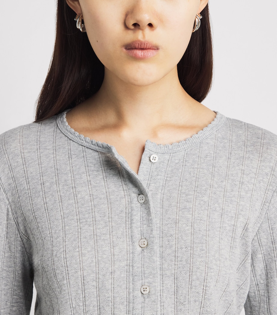 LESET Womens Cotton Pointelle Cardigan Light Grey Melange Image 3