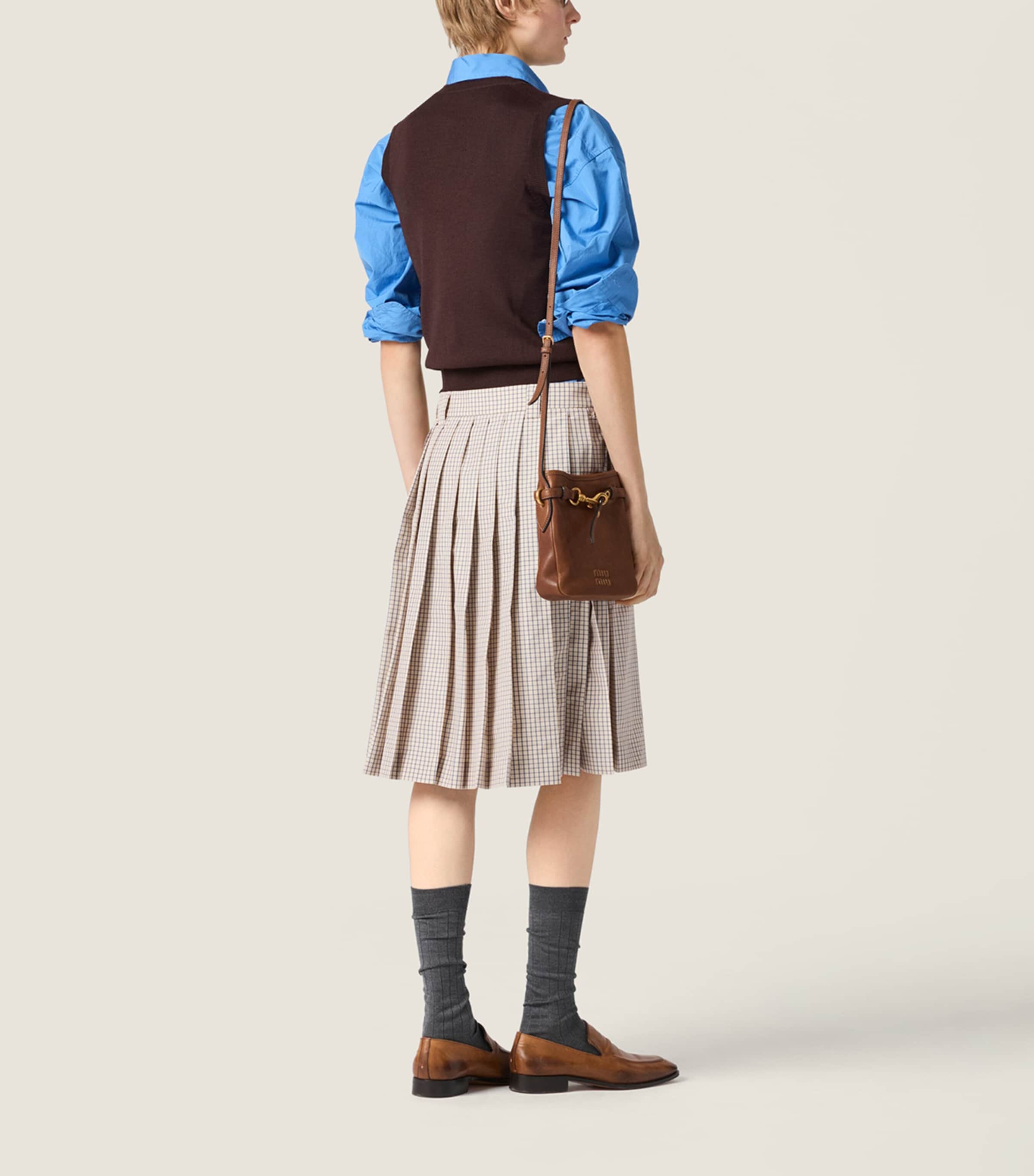 Miu Miu Neutral Check Pleated Midi Skirt | Harrods UK