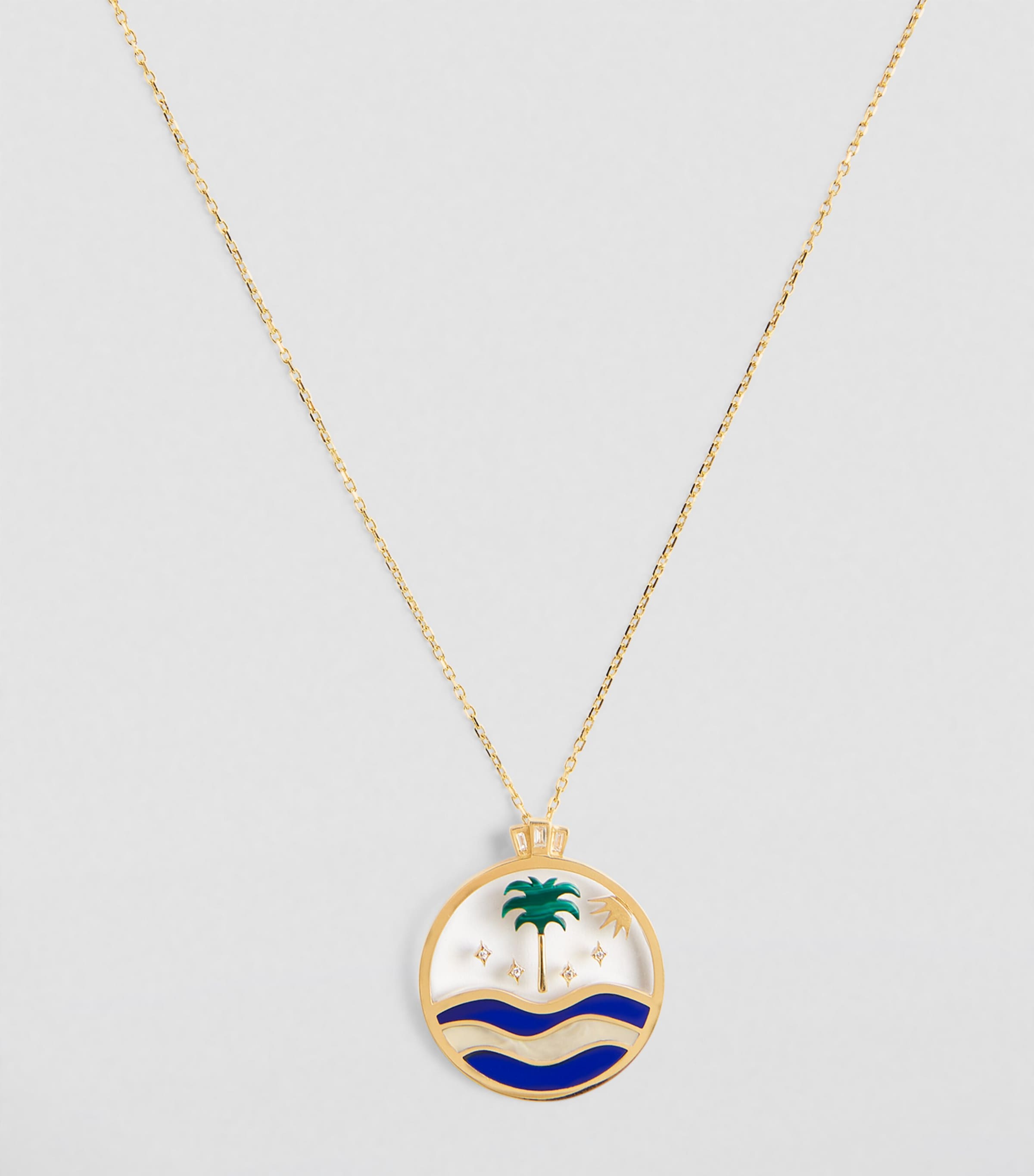 L'ATELIER NAWBAR Yellow Gold, Diamond and Malachite Biladi Palm Necklace Blue Image 2