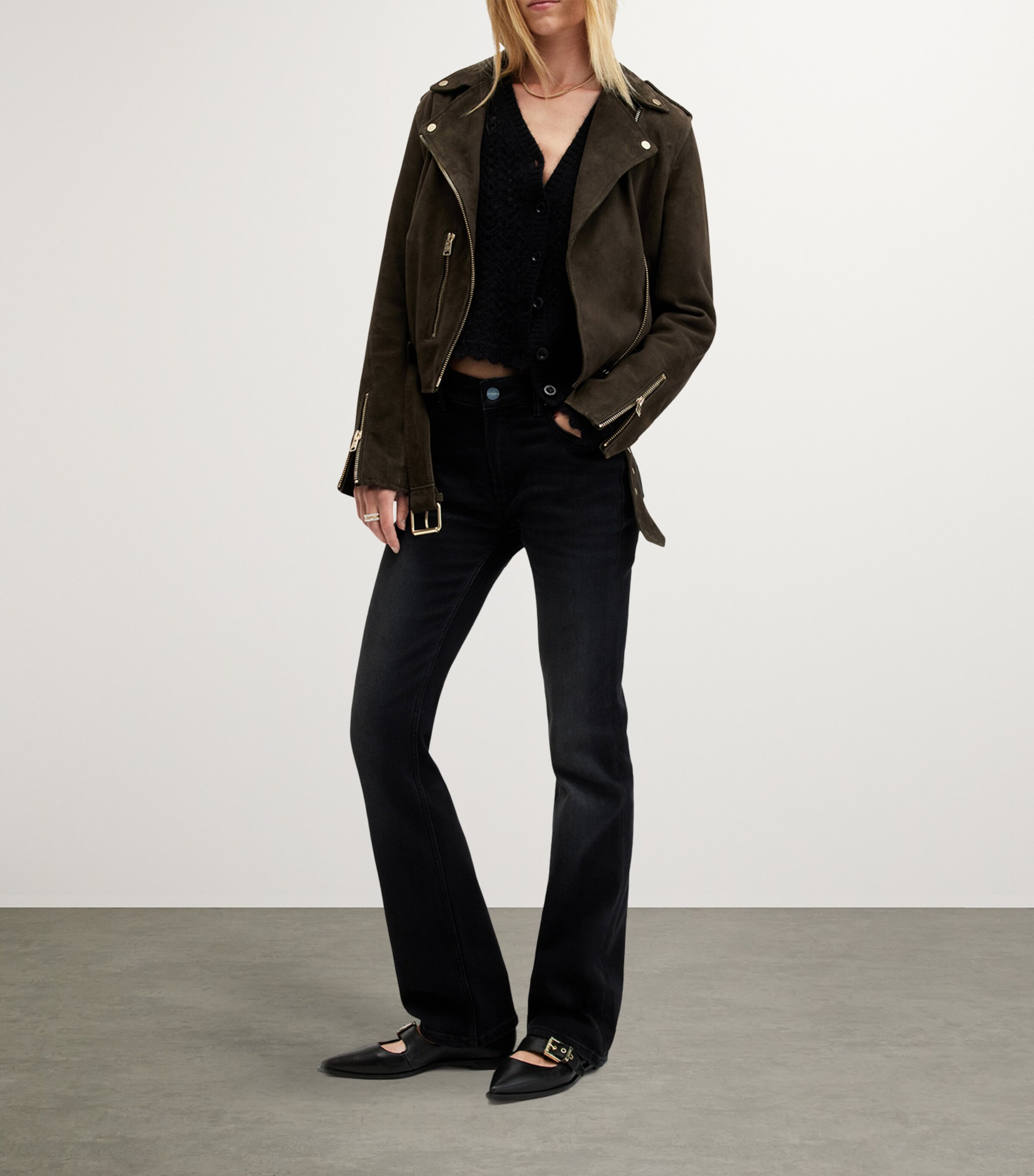 AllSaints Womens Suede Balfern Biker Jacket Tarmac Green Image 3