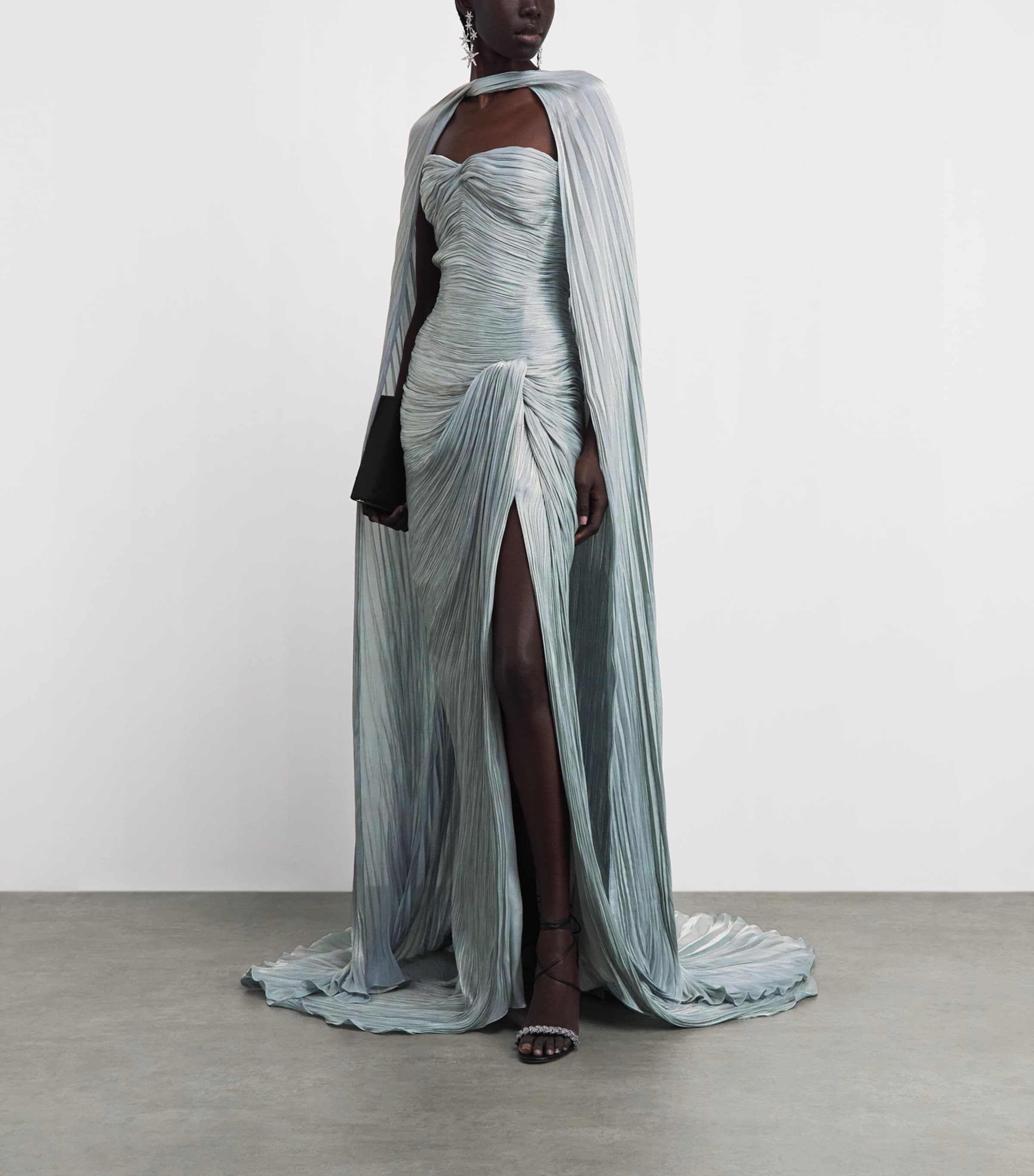 Marmar Halim Womens Asymmetric Pleated Cape Gown Blue Gray Image 2
