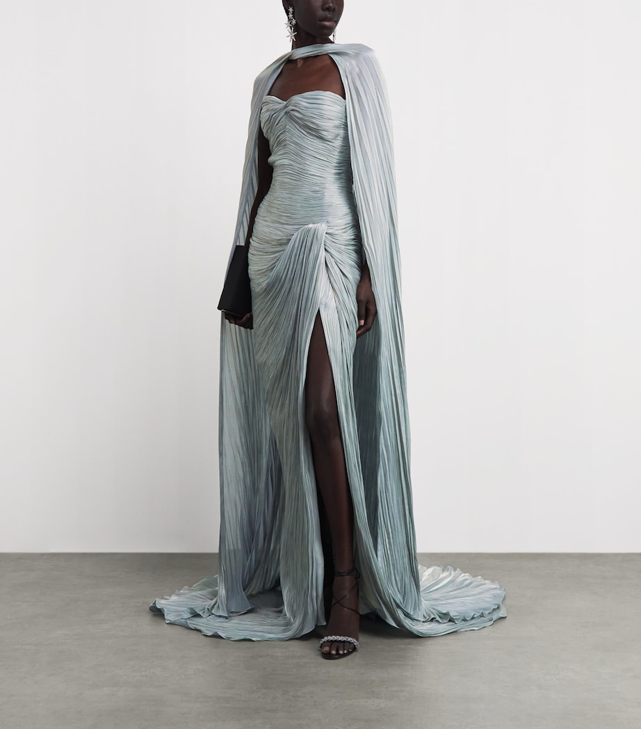 Marmar Halim Womens Asymmetric Pleated Cape Gown Blue Gray Image 2