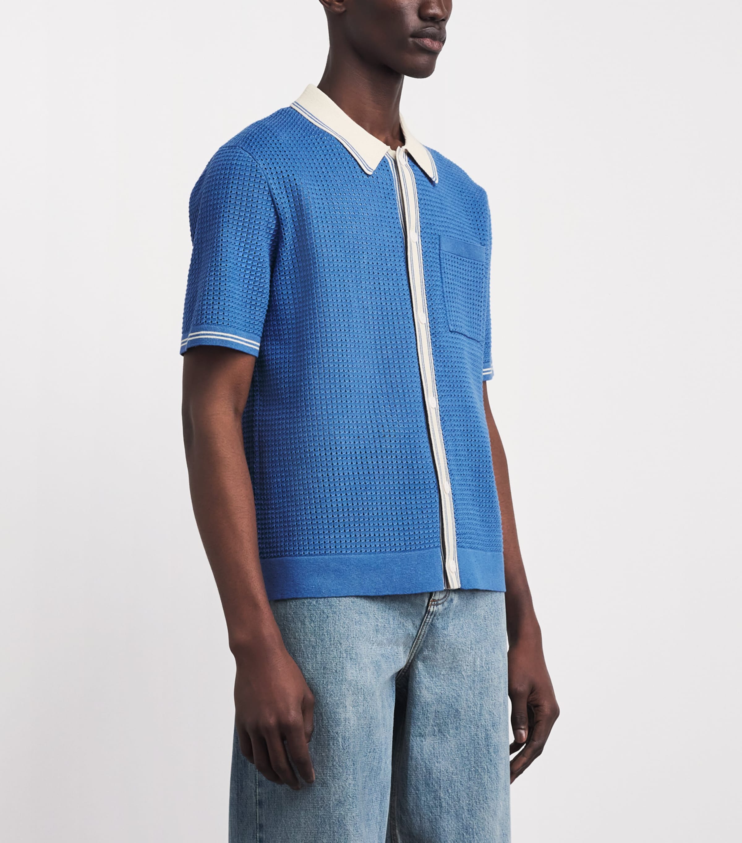 Wax London Mens Linen-Blend Belle Polo Shirt Blue / Ecru Image 4