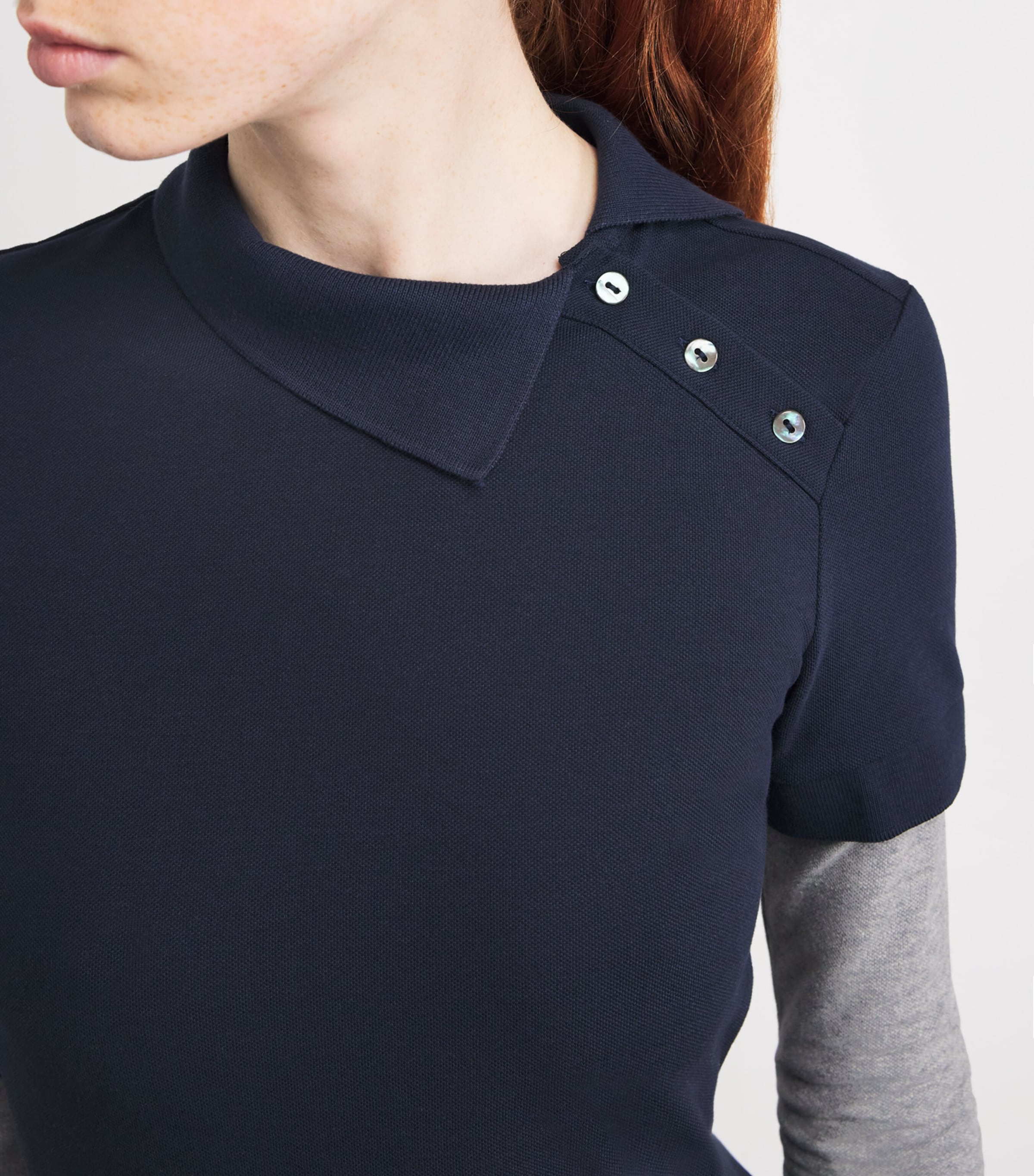 A.W.A.K.E. Mode Womens Cotton Asymmetric Double Polo Shirt Navy / Grey Image 6