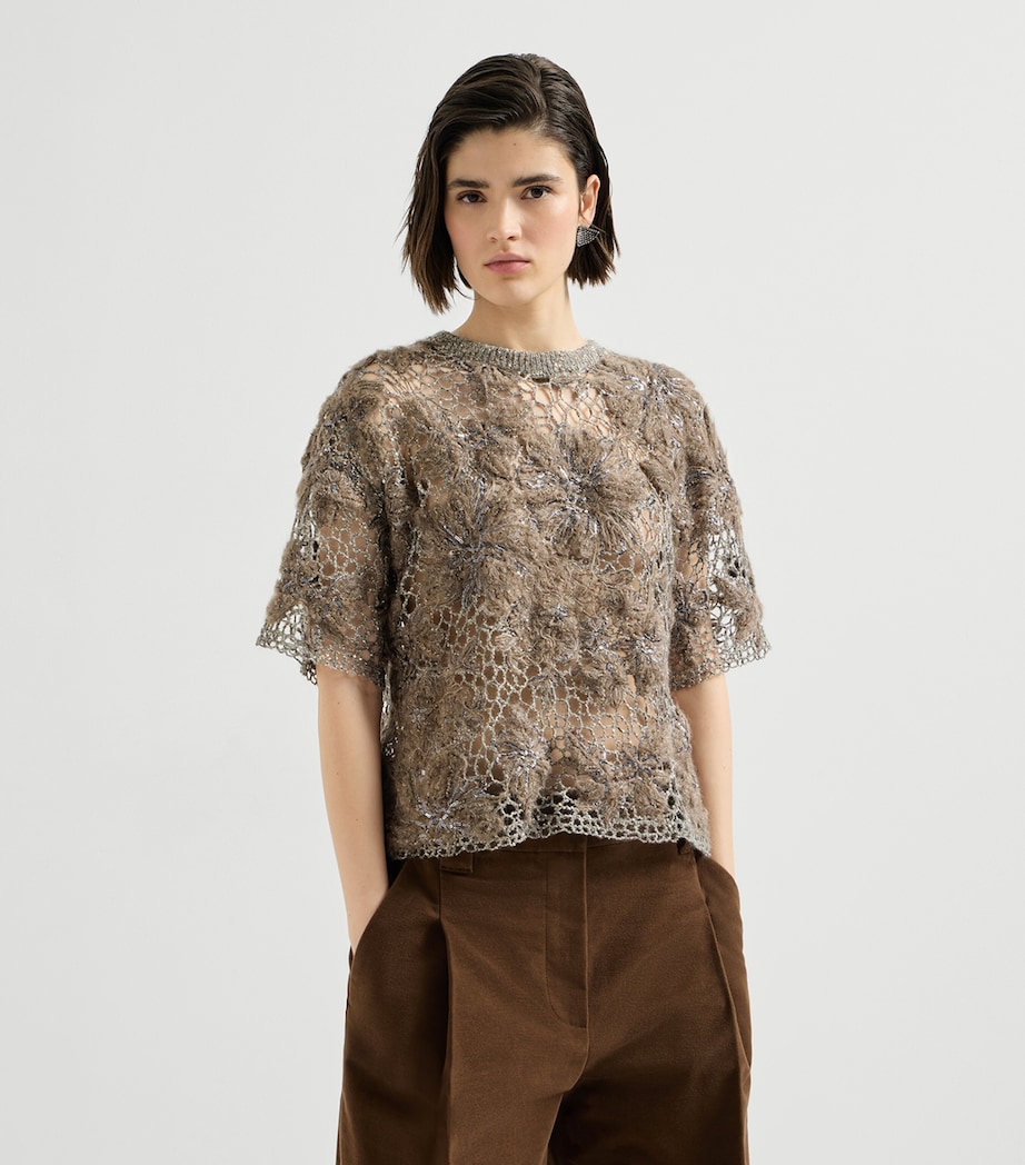 Brunello Cucinelli Womens Mohair-Blend Whispering Bloom T-Shirt Dark Beige Image 4