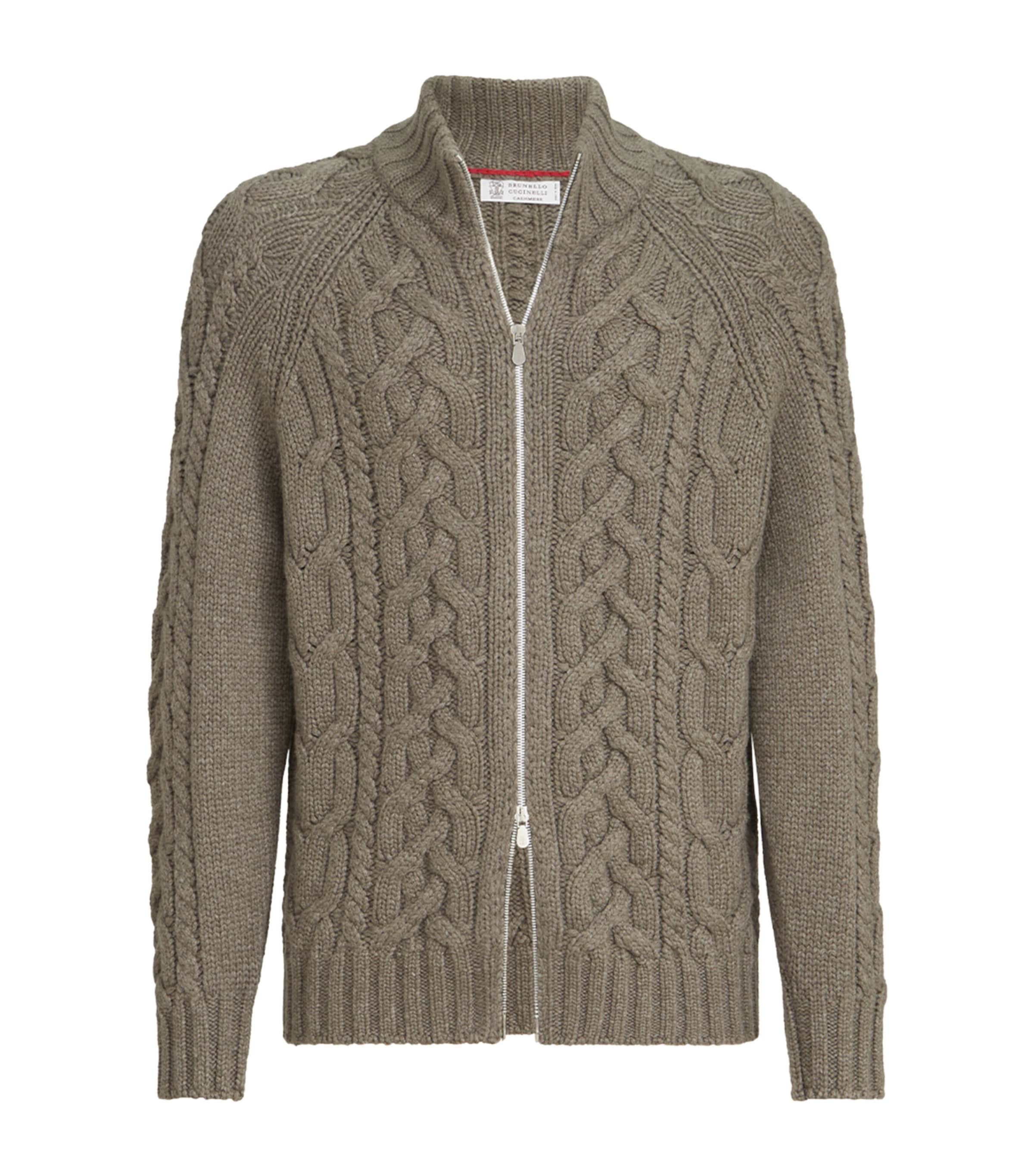 Brunello Cucinelli Mens Cashmere Cable-Knit Zip-Up Cardigan Army Washed Image 1