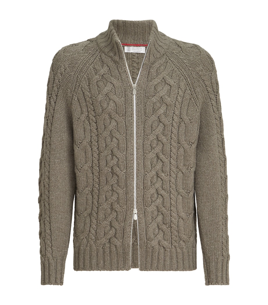Brunello Cucinelli Mens Cashmere Cable-Knit Zip-Up Cardigan Army Washed Image 1