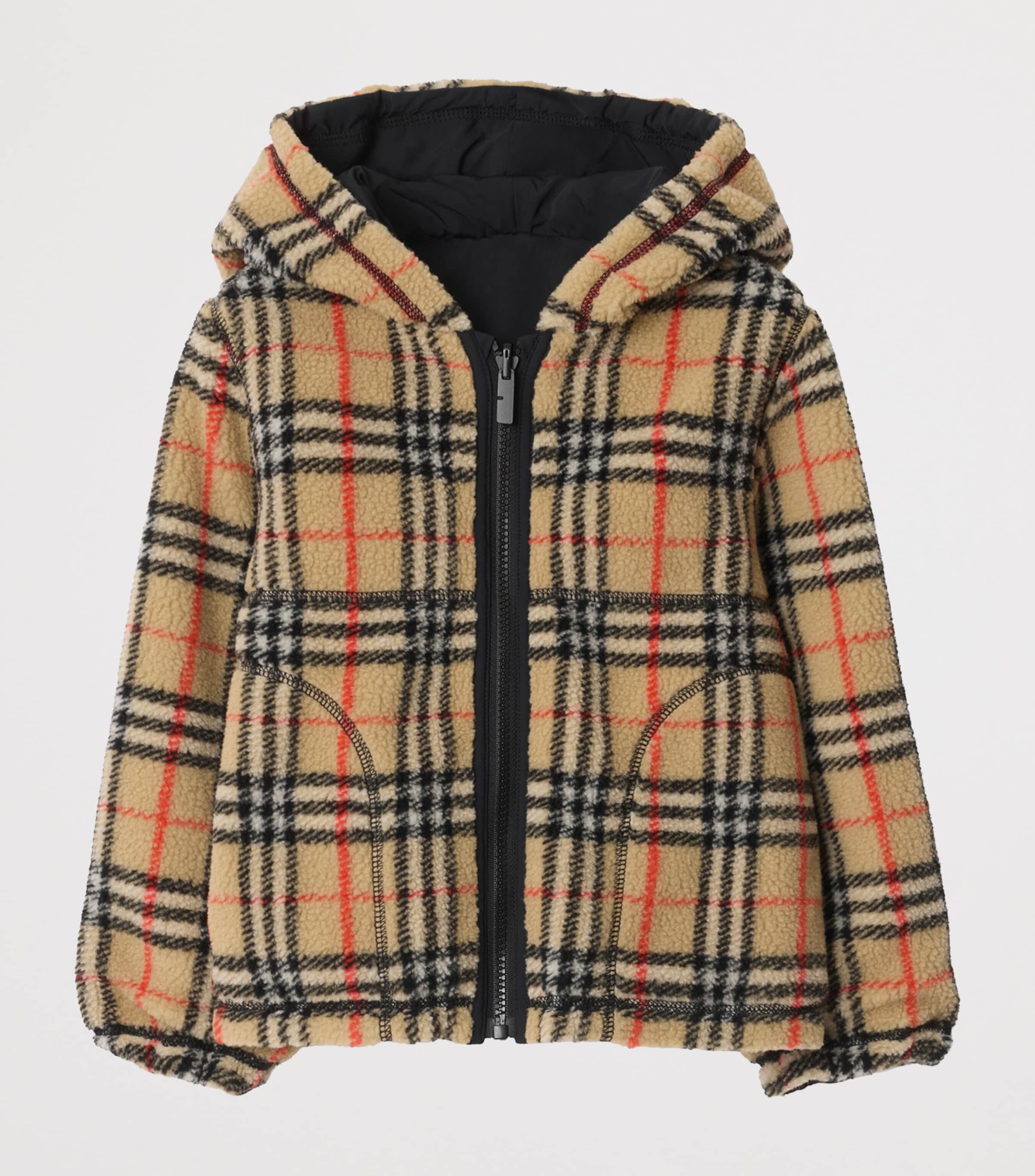Burberry Kids Black Fleece Reversible Check Hooded Jacket (3-12