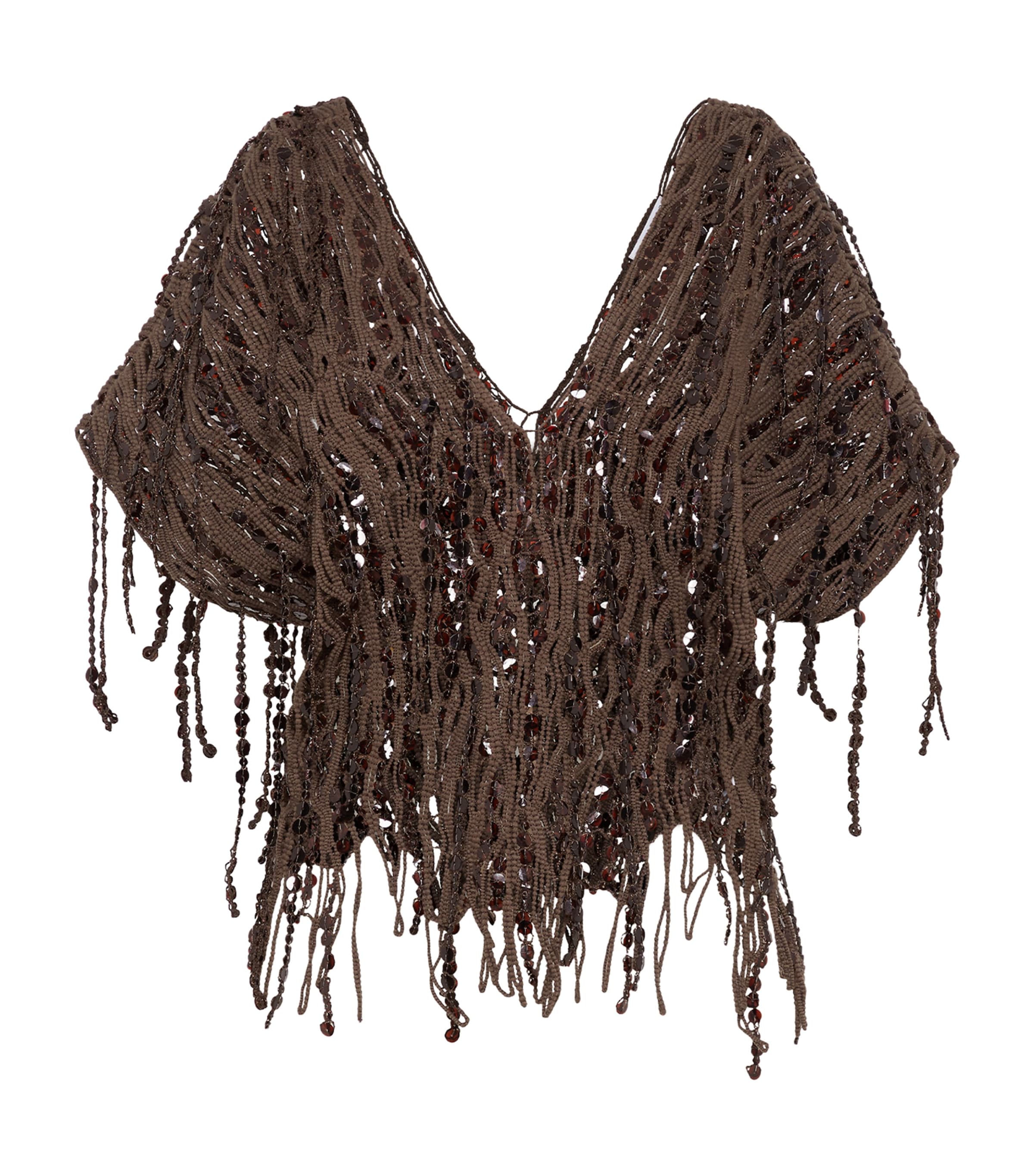 Brunello Cucinelli Women Brown Knit Dazzling Abstract Embroidery Top In Brown