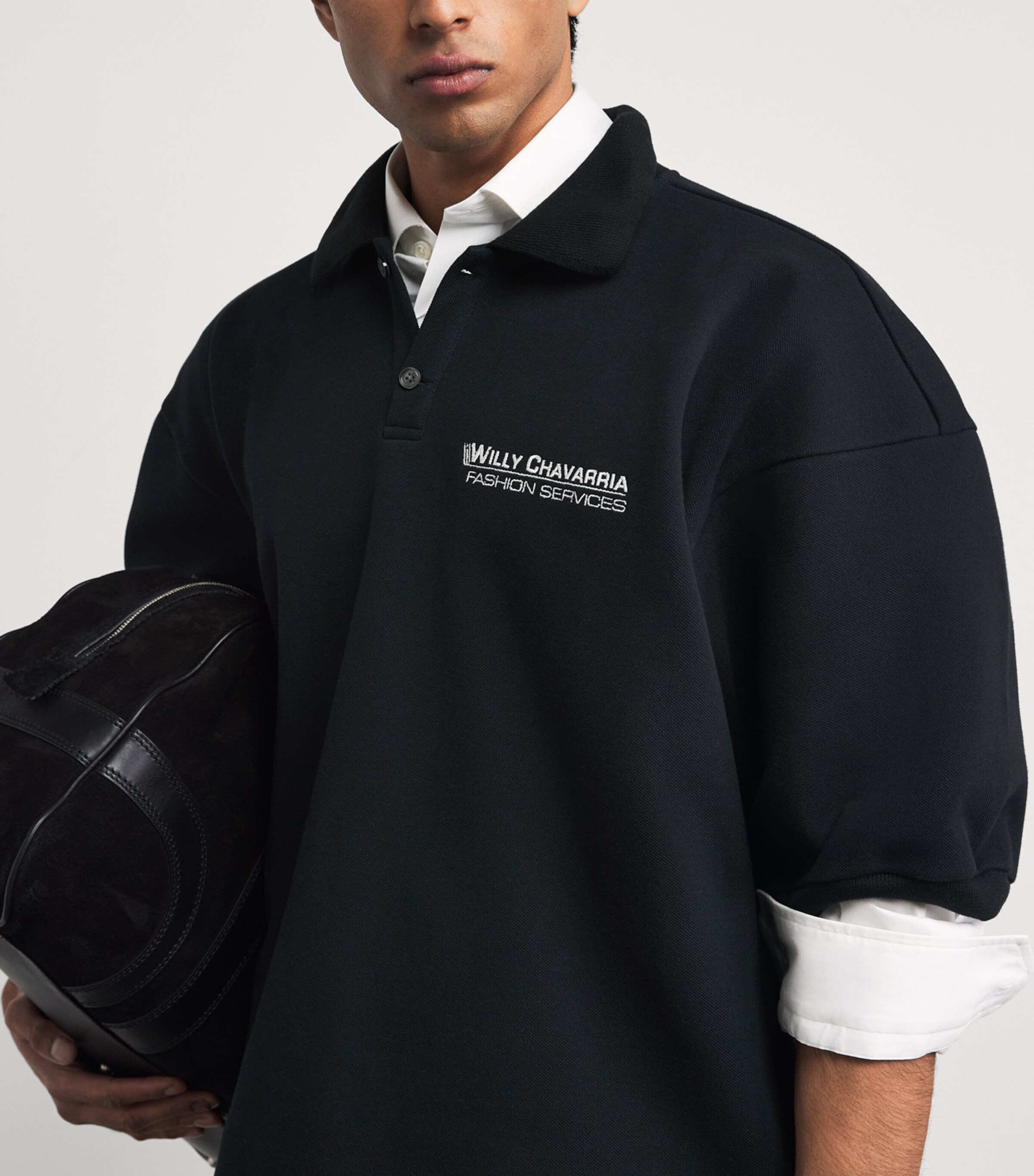 Willy Chavarria Mens Cotton Football Polo Shirt Black Image 3