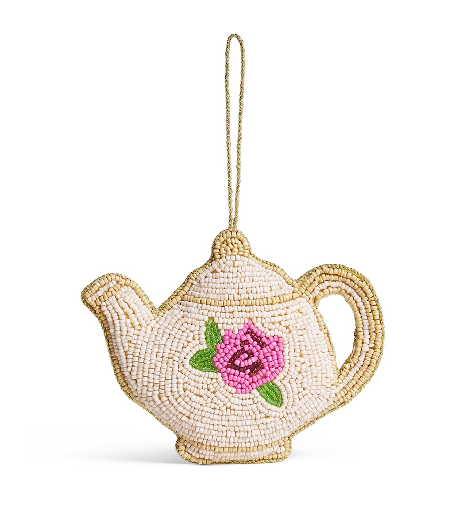 Harrods Beaded Teapot Tree Decoration Beige/gold Image 1