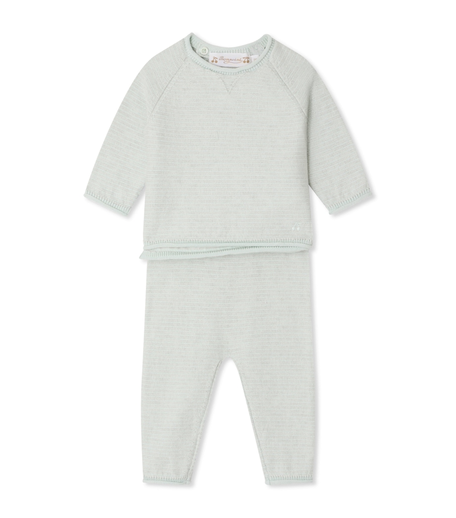 Cotton-Cashmere Top and Trousers Set (1-18 Months) BLEU GRIS Image 1
