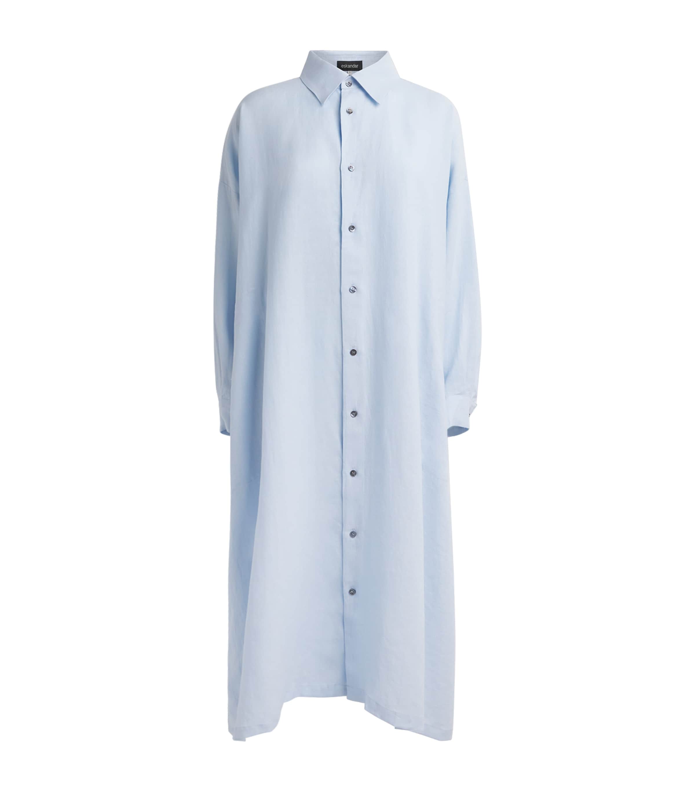 Eskandar Linen Check A-line Midi Shirt Dress In Blue