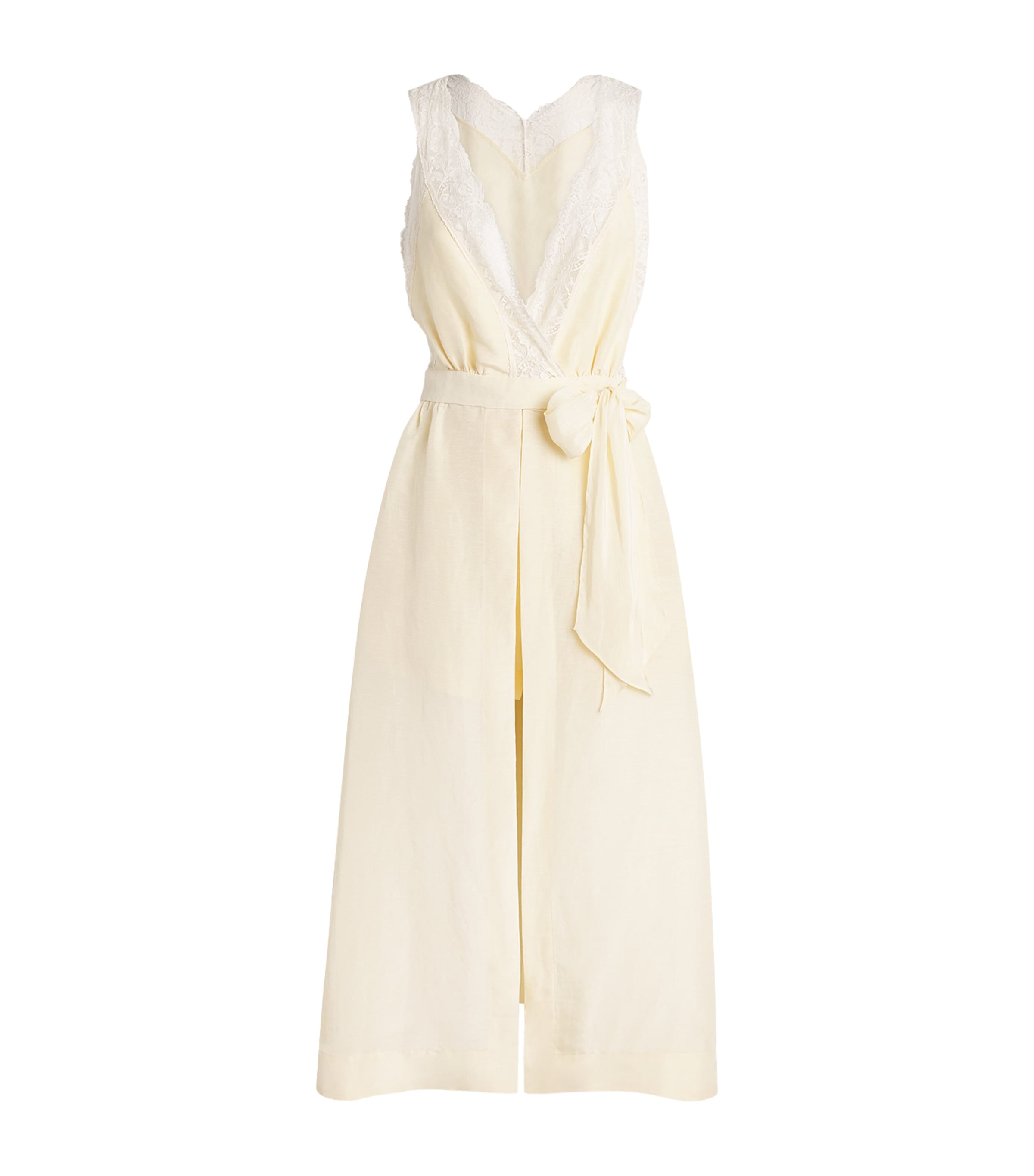 Sandro Paris Womens Linen-Blend Lace-Trim Midi Dress Vanilla Image 1