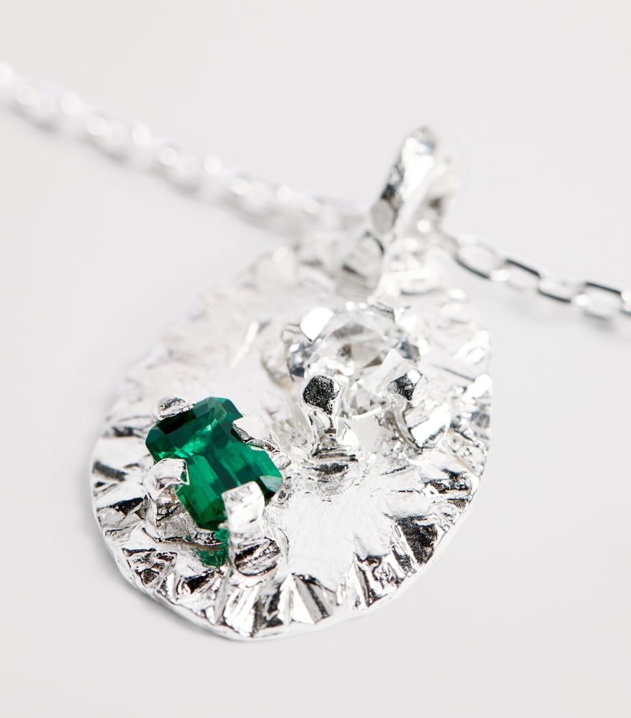 Sterling Silver, Diamond and Emerald Necklace BLUE & WHITE Image 5