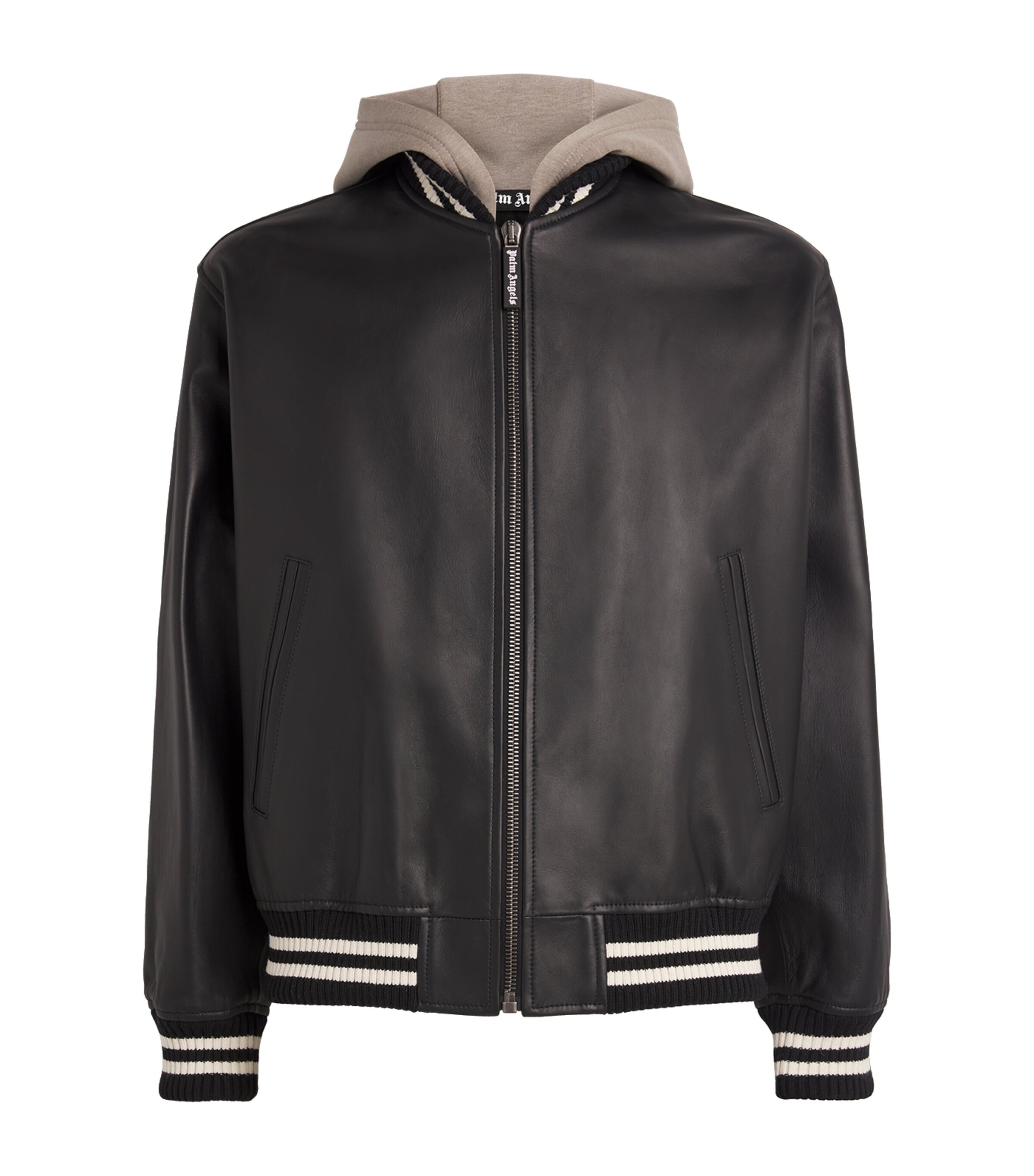 Palm Angels Mens Leather Logo Bomber Jacket Black Off White Image 1