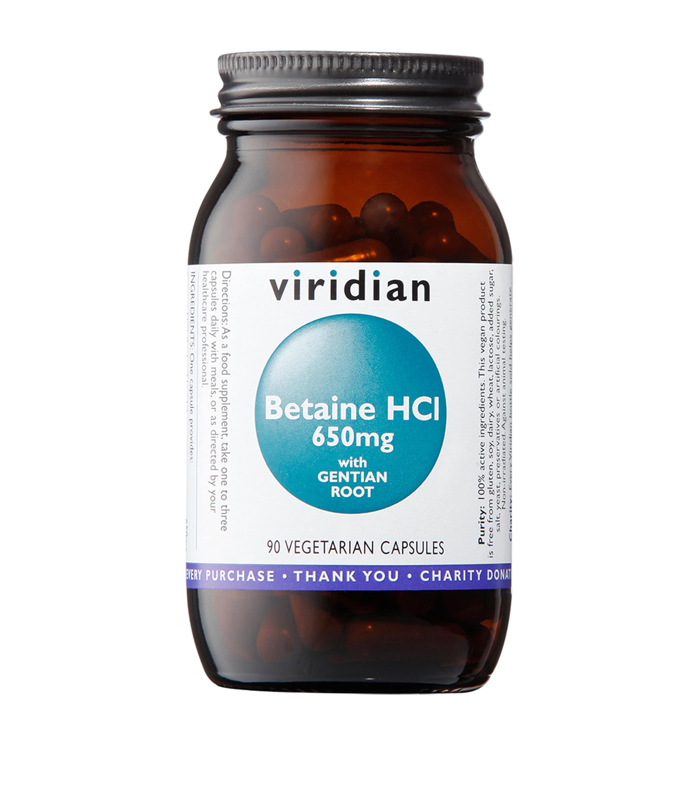 Viridian Betaine HCL with Gentian Root 650mg (90 Capsules) Image 1