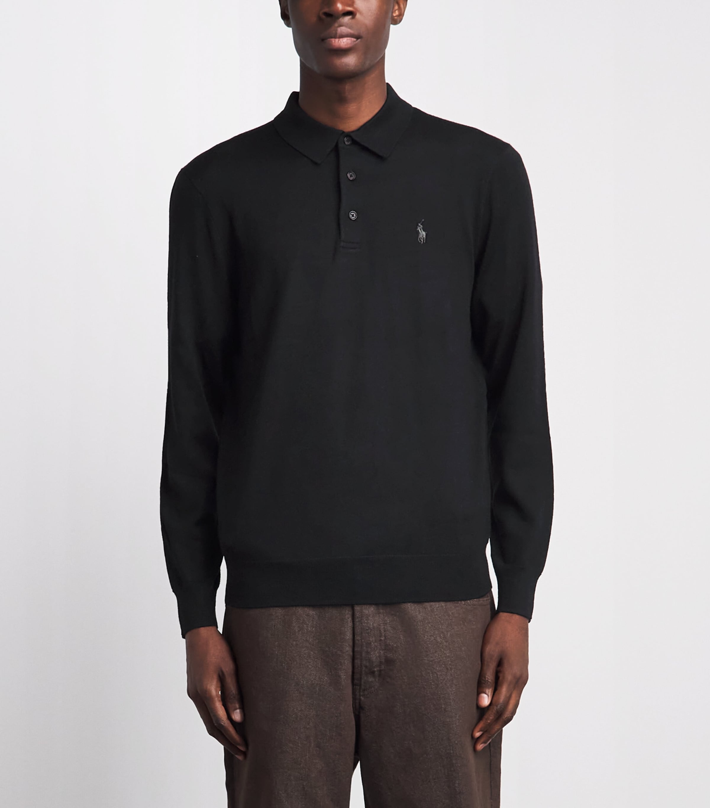 Polo Ralph Lauren Mens Wool Polo Pony Long-Sleeve Polo Shirt Polo Black Image 4