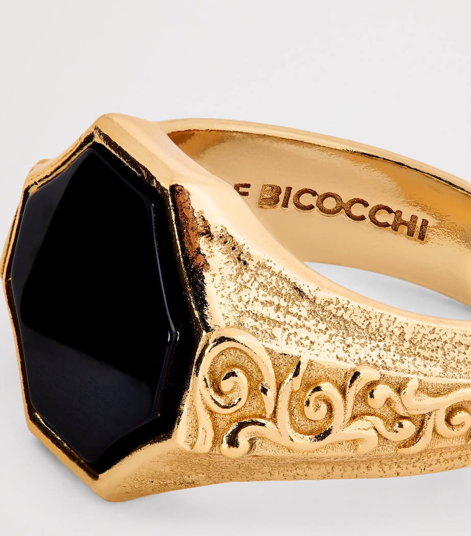 Gold-Plated Sterling Silver and Onyx Flourish Signet Ring GOLD Image 4