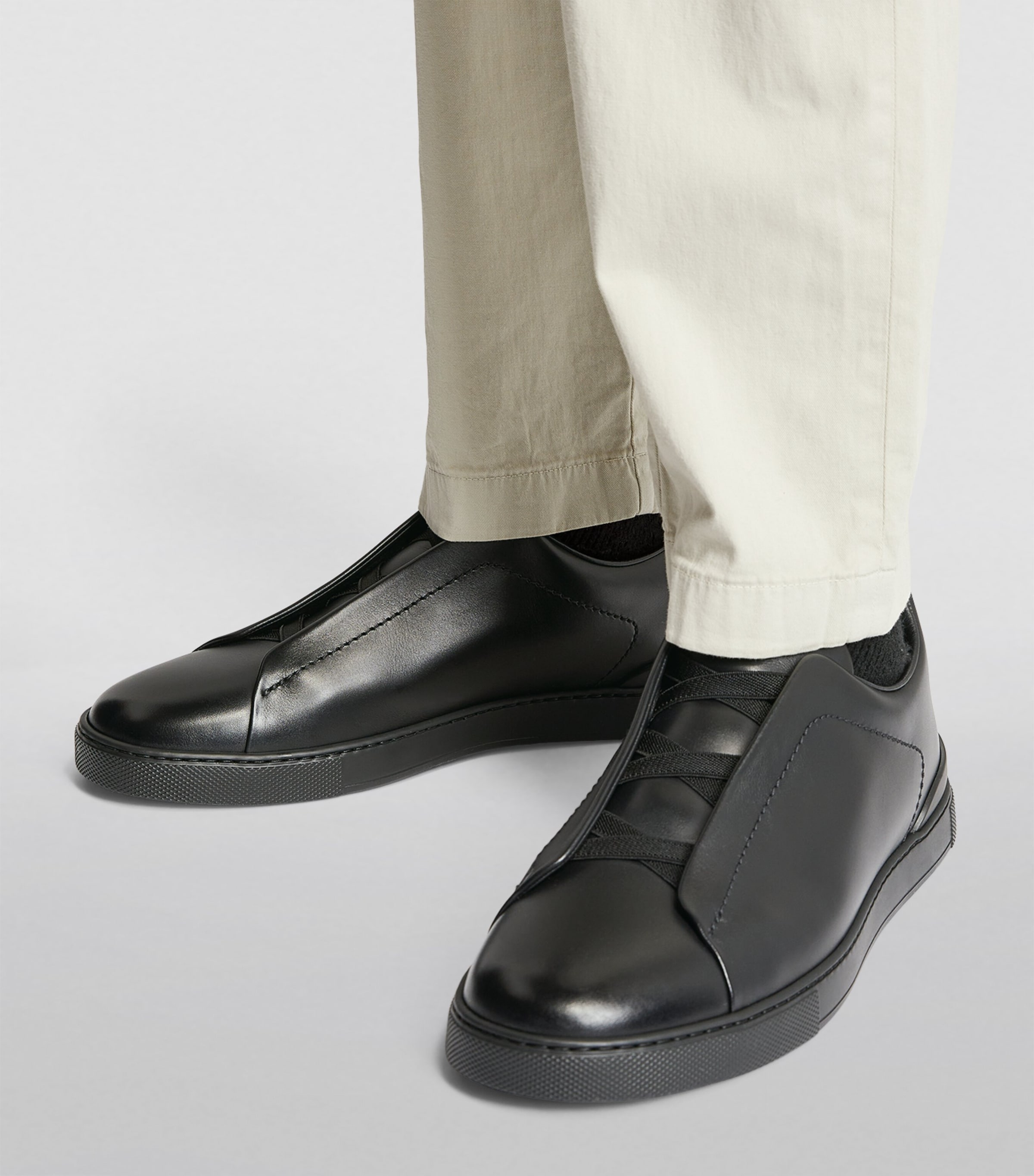Zegna Black Leather Triple Stitch Evening Sneakers | Harrods US