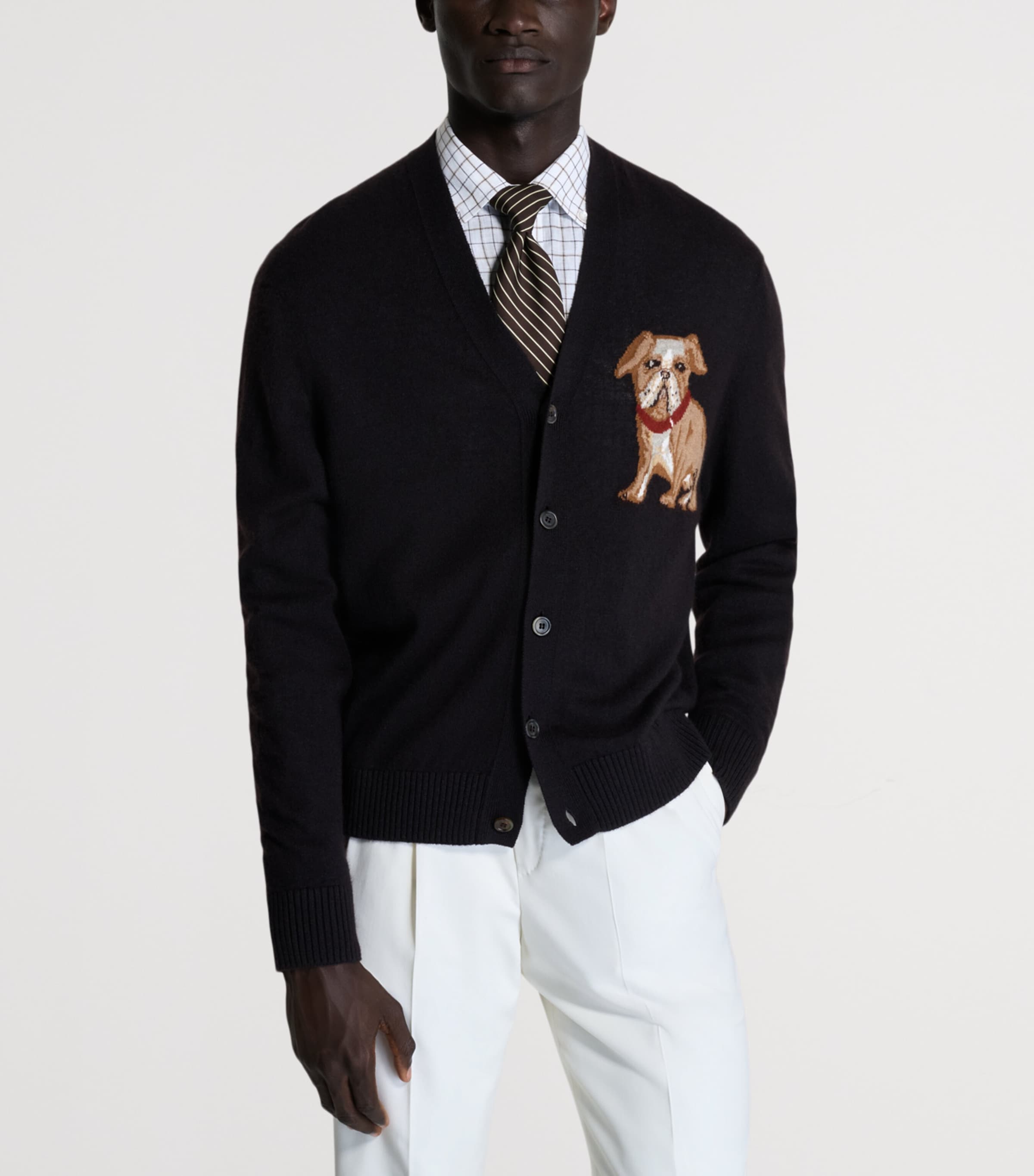 Dunhill Mens Cashmere-Linen V-Neck Cardigan Brown Image 4
