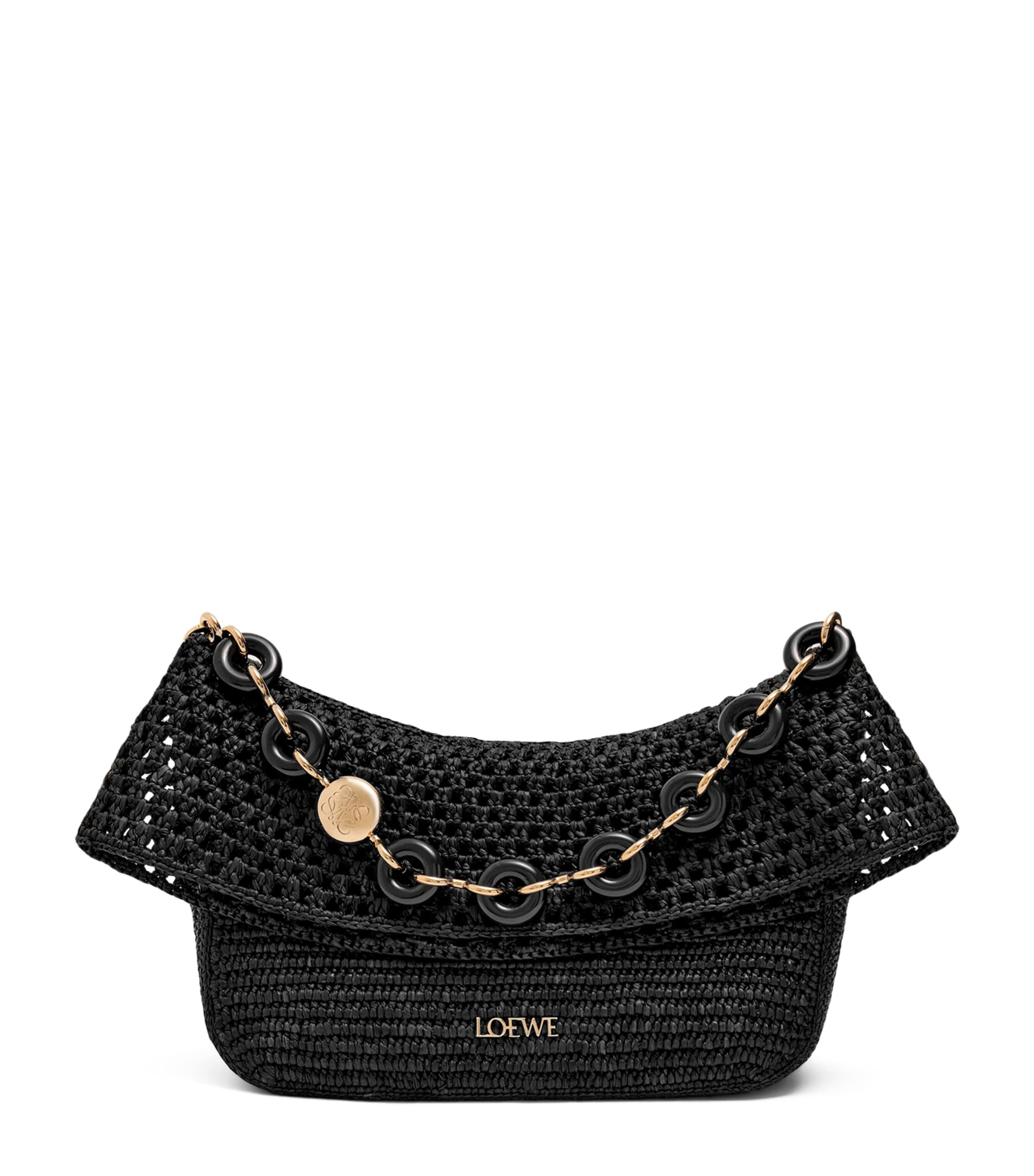 Loewe Medium Ola Shoulder Bag In Raffia And Calfskin In Black