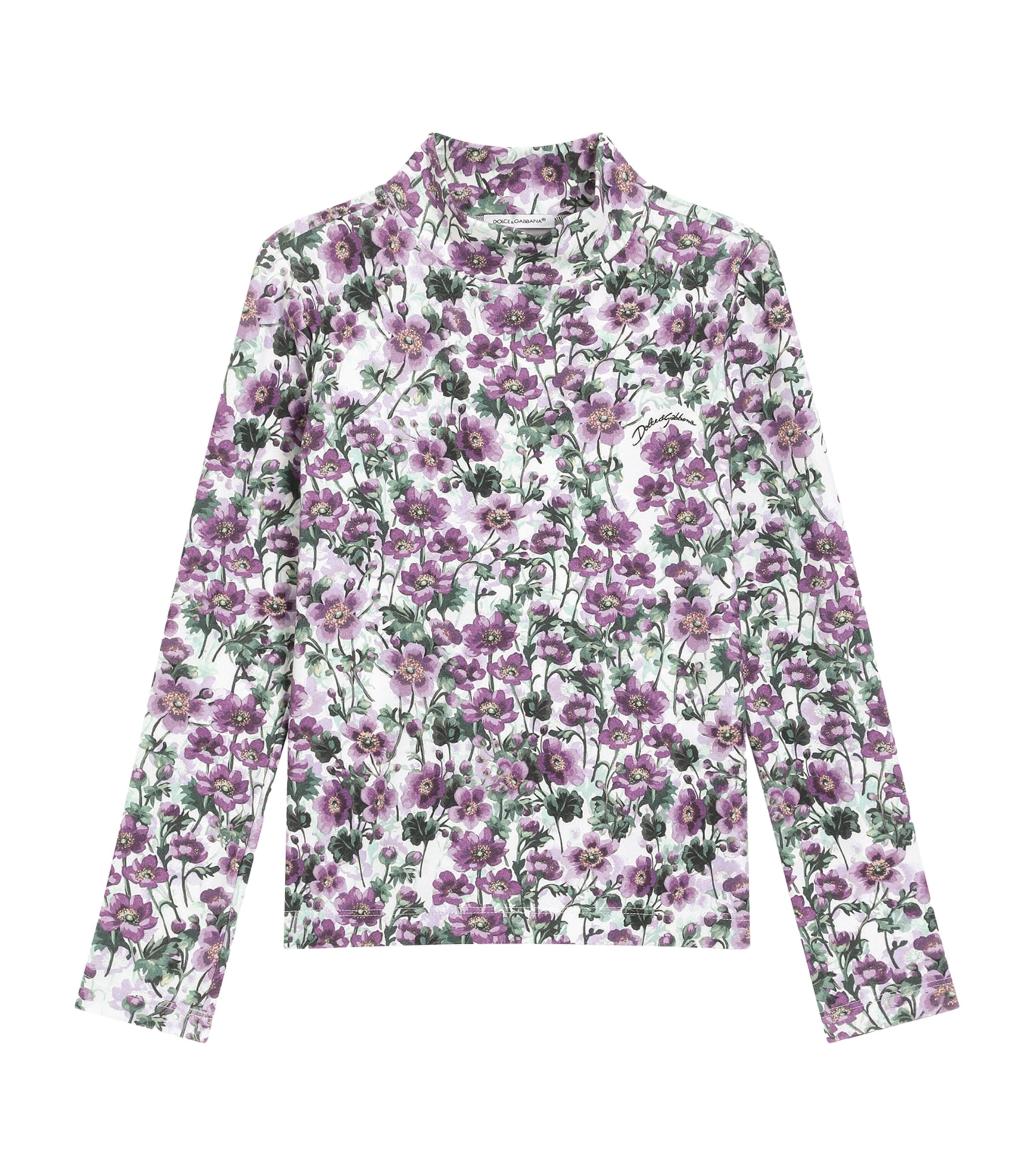 Dolce&Gabbana Kids Cotton-Blend Floral Mock-Neck Top (8-12 Years) Violette Image 1