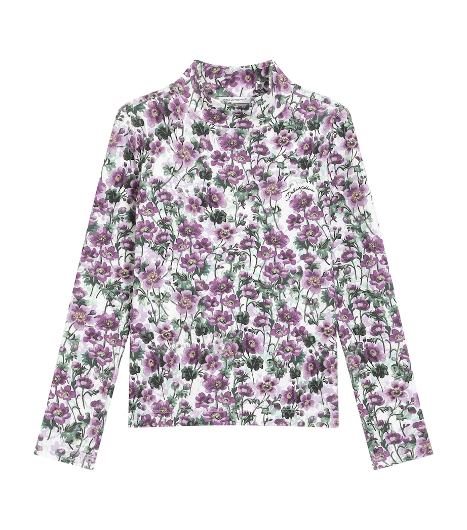 Dolce&Gabbana Kids Cotton-Blend Floral Mock-Neck Top (8-12 Years) Violette Image 1