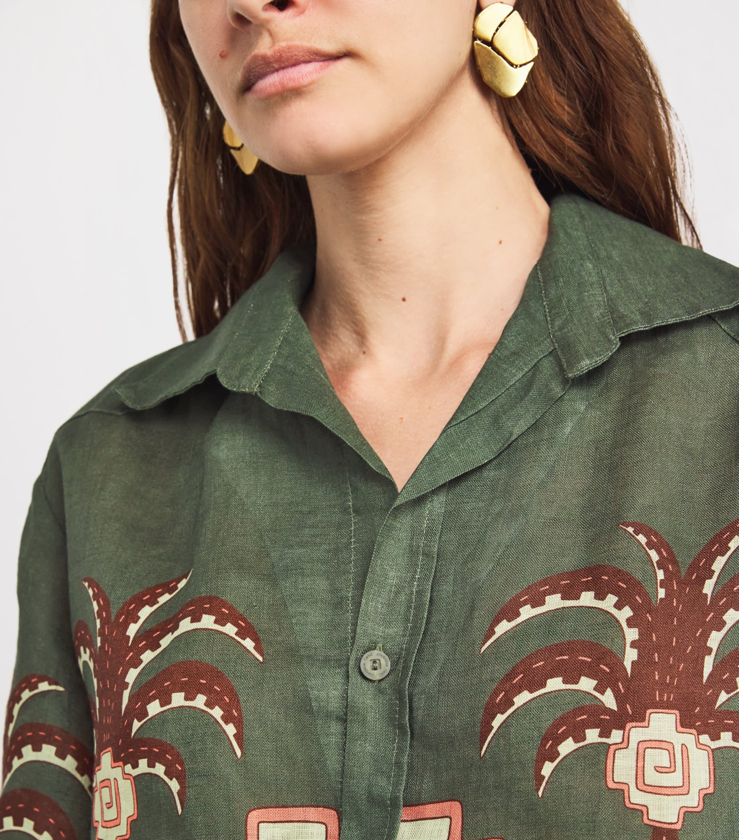 Linen Cropped Cumbi Shirt GREEN/CHOCOLATE/PINK Image 6